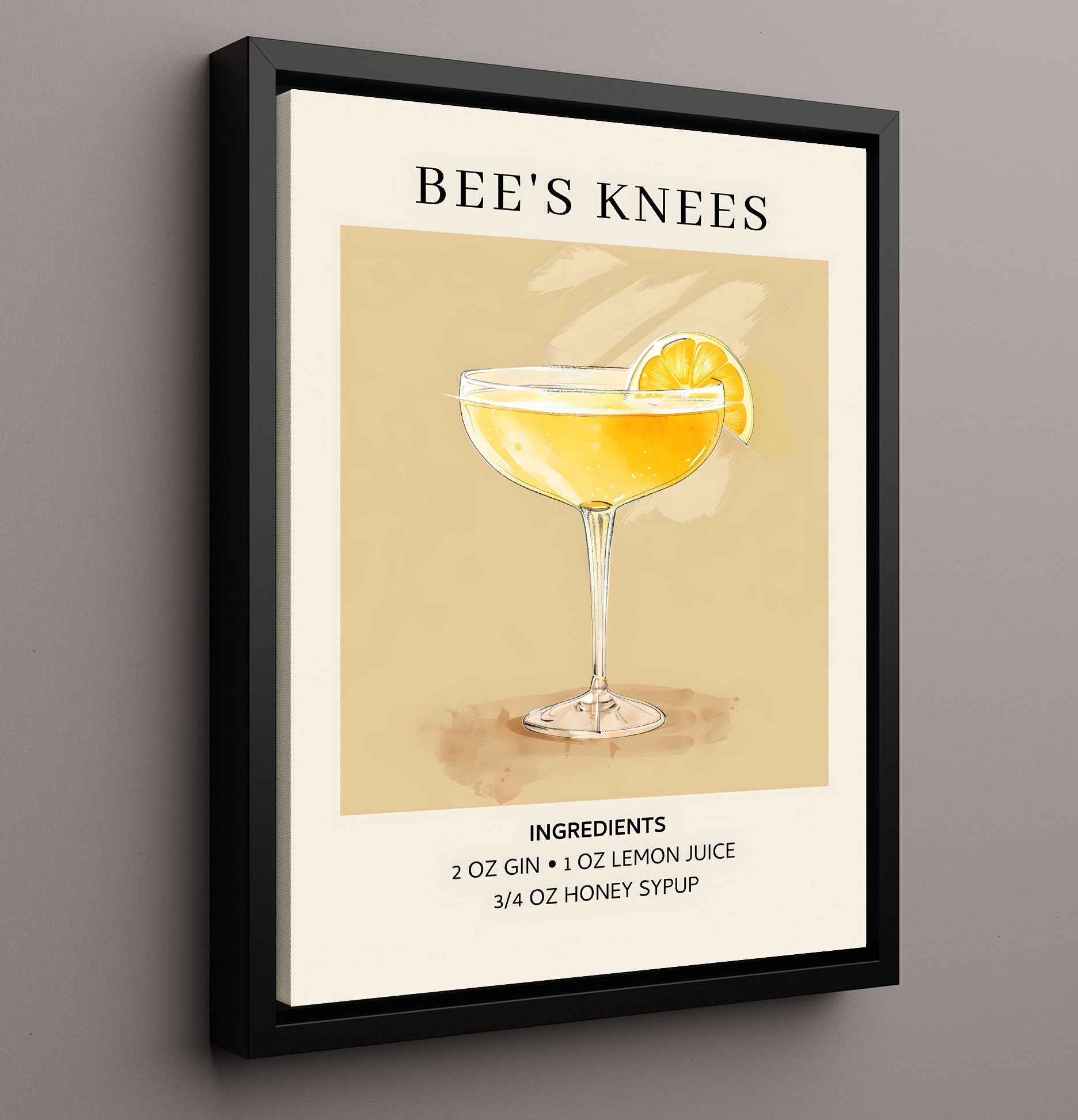 Bees Knees Honey Gin Cocktail Framed Canvas 16x20 wall art print – Drink Recipes decor