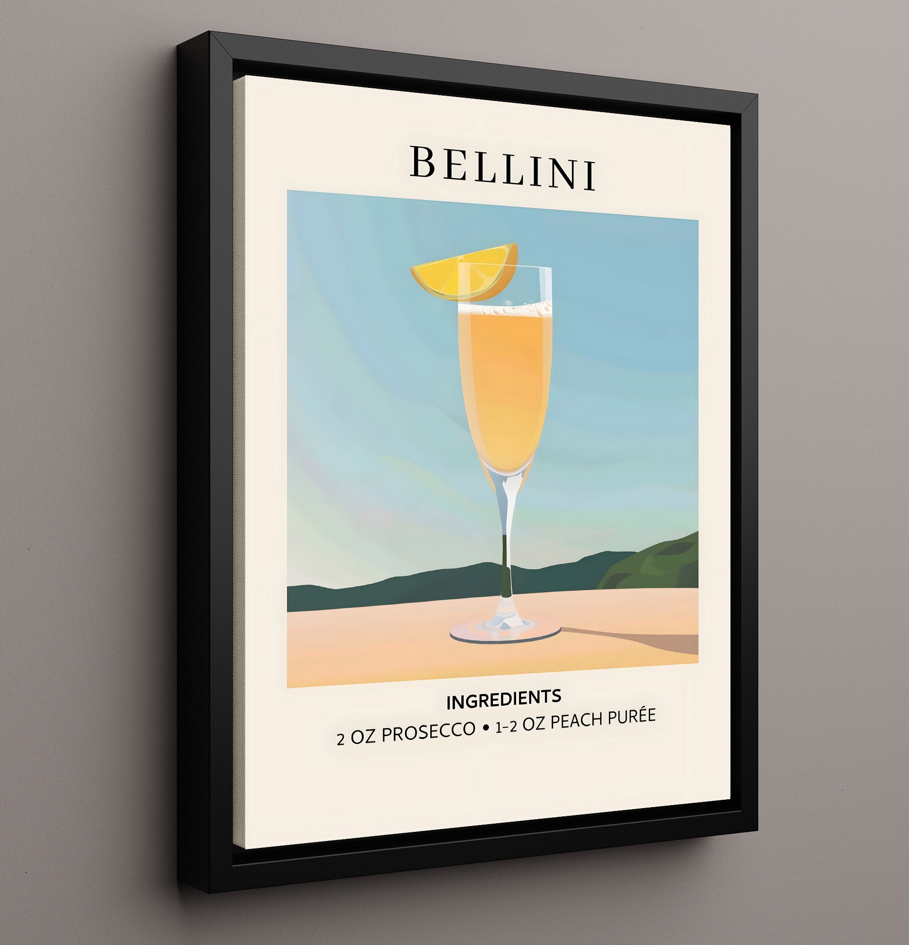 Bellini Peach Prosecco Cocktail Framed Canvas 16x20 wall art print – Drink Recipes decor