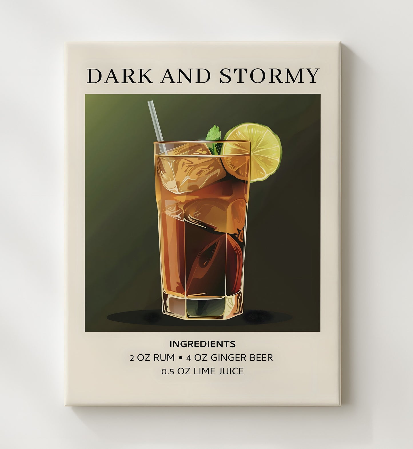 Dark and Stormy Ginger Beer Cocktail Canvas 20x24 wall art print – Drink Recipes decor