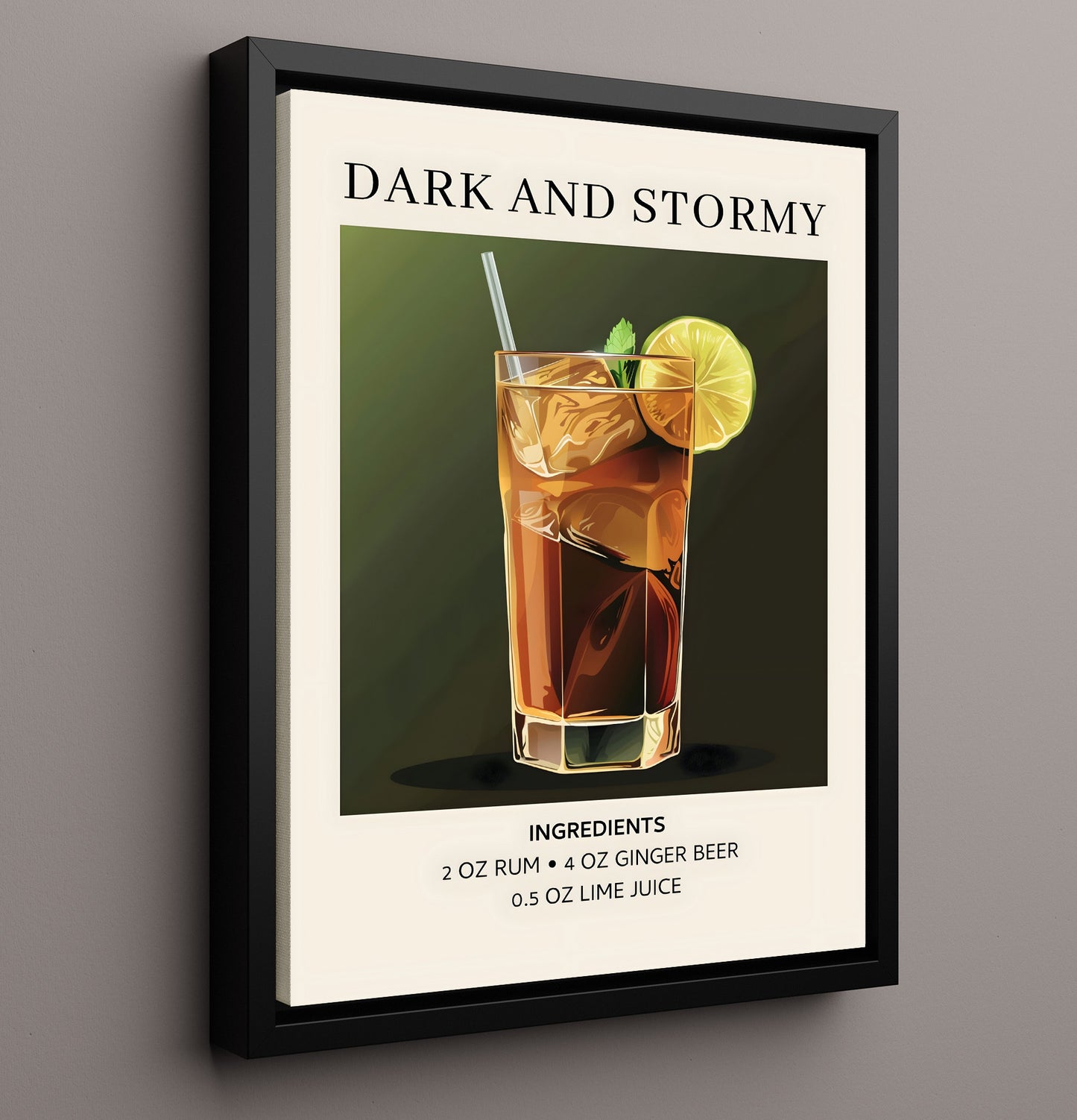 Dark and Stormy Ginger Beer Cocktail Framed Canvas 16x20 wall art print – Drink Recipes decor