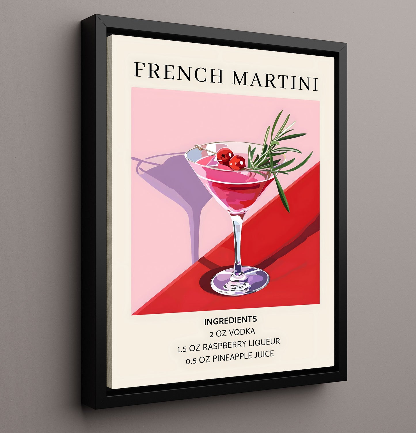 French Martini Raspberry Cocktail Framed Canvas 16x20 wall art print – Drink Recipes decor