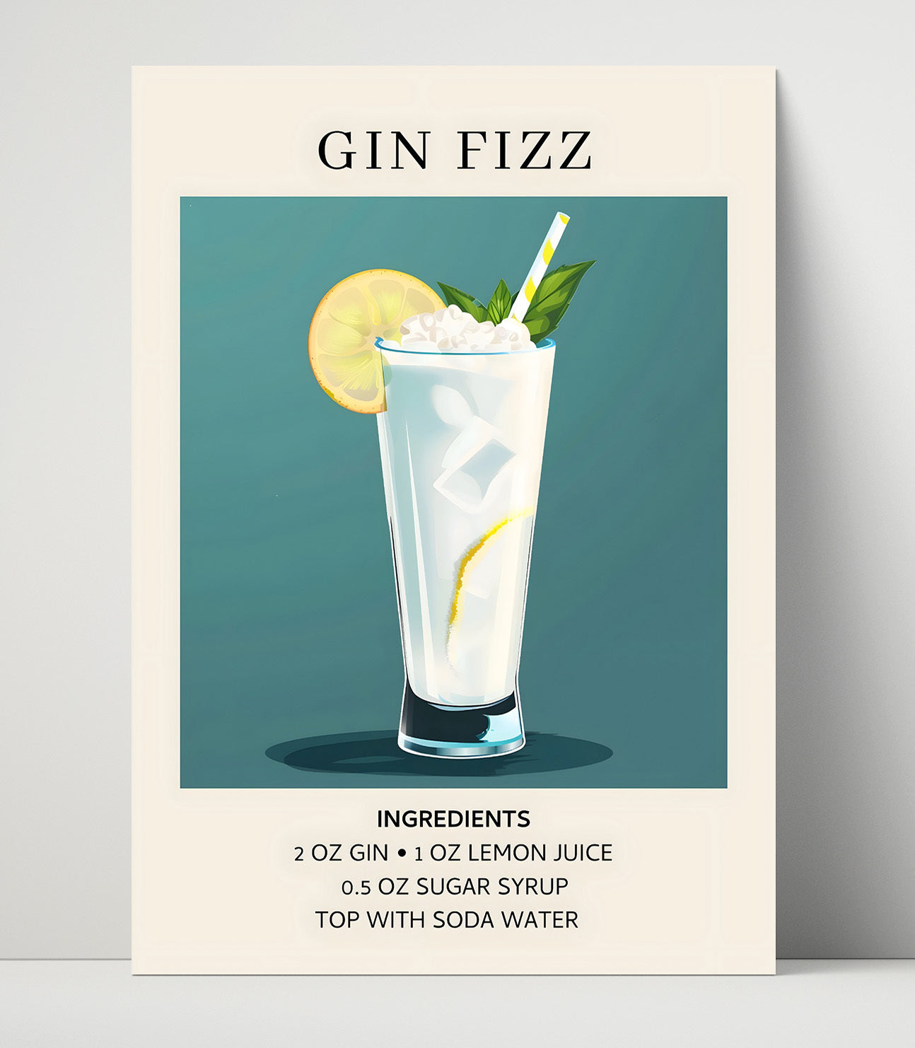 Gin Fizz Classic Cocktail Unframed Print 16x20 wall art print – Drink Recipes decor