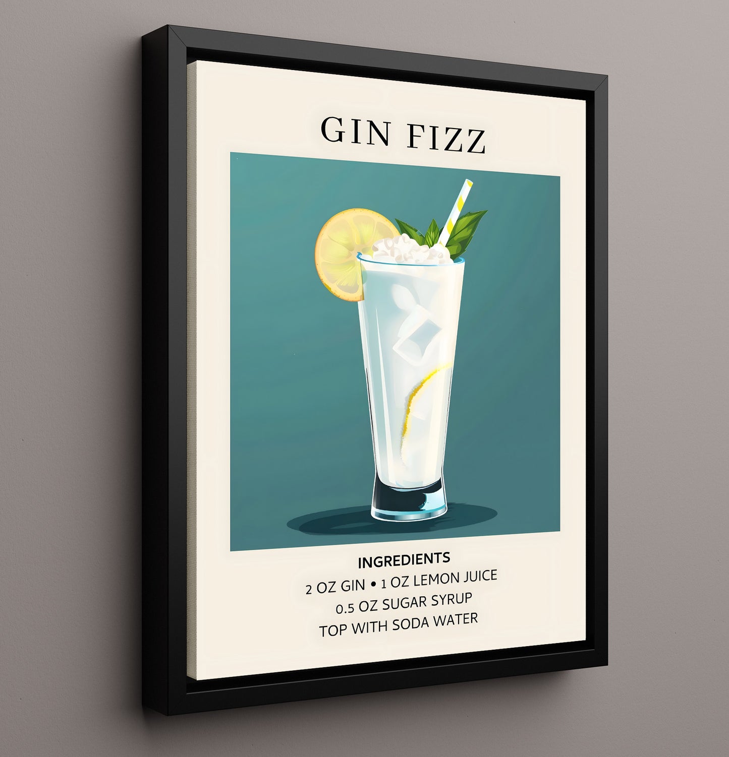 Gin Fizz Classic Cocktail Framed Canvas 16x20 wall art print – Drink Recipes decor