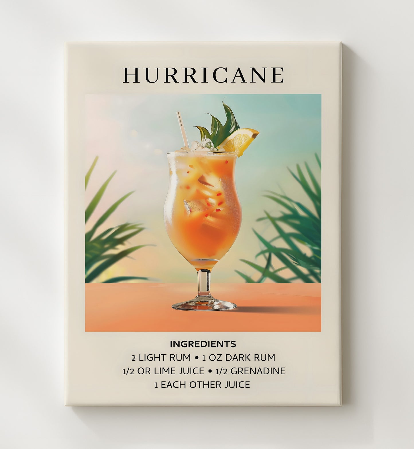 Hurricane Tropical Rum Cocktail Canvas 20x24 wall art print – Drink Recipes decor
