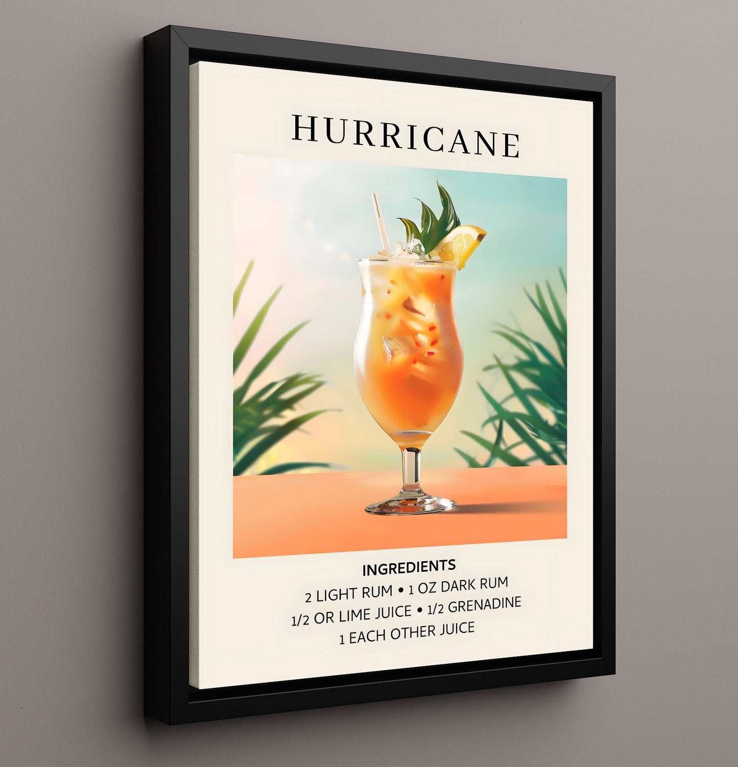 Hurricane Tropical Rum Cocktail Framed Canvas 16x20 wall art print – Drink Recipes decor