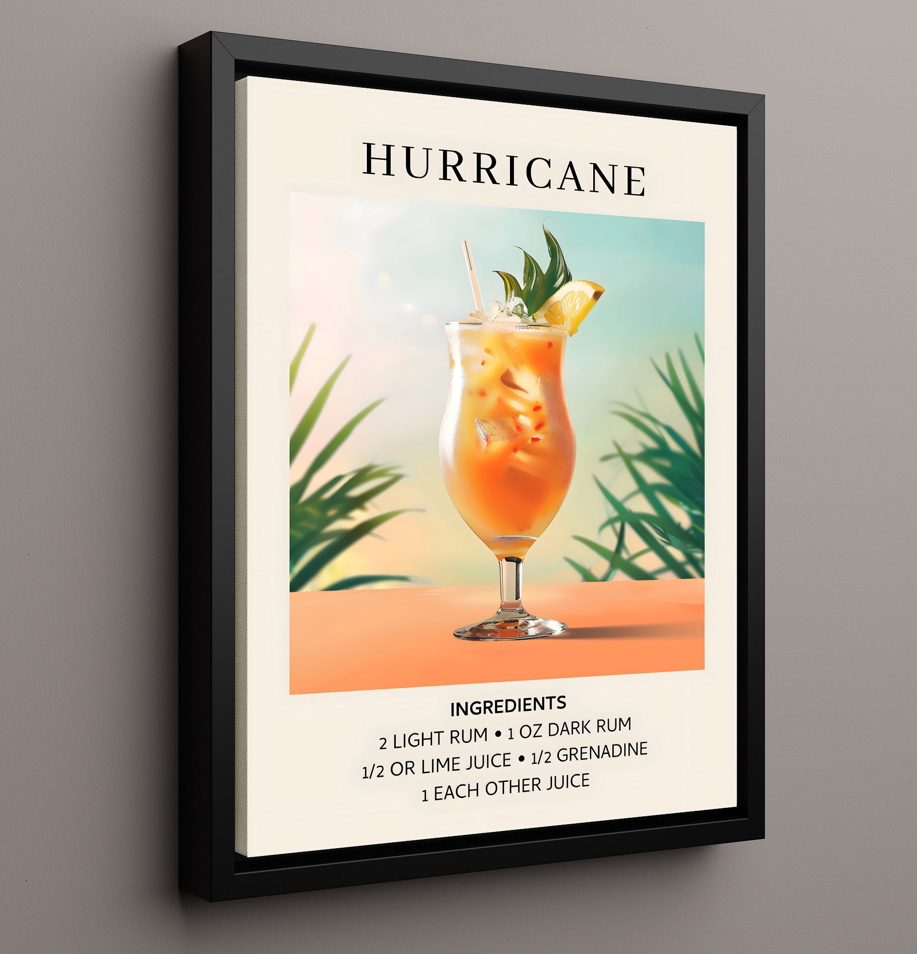 Hurricane Tropical Rum Cocktail Framed Canvas 16x20 wall art print – Drink Recipes decor