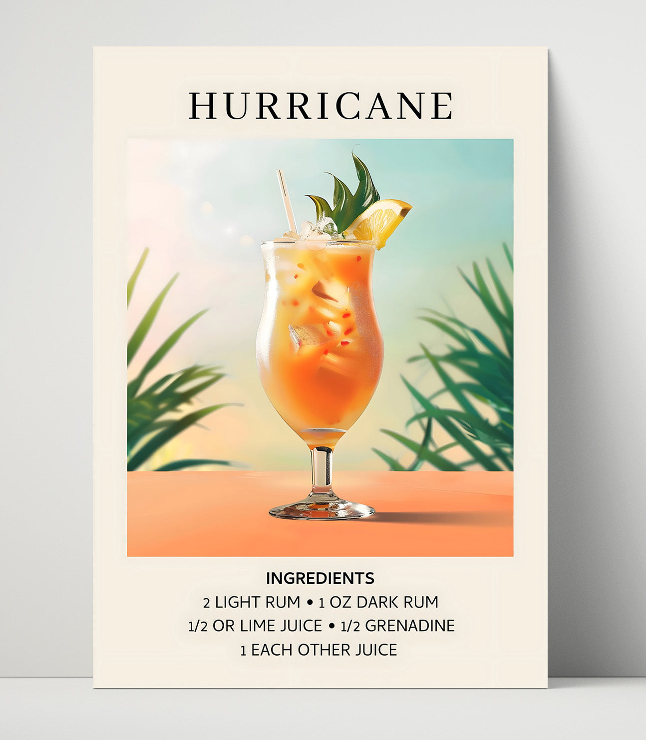 Hurricane Tropical Rum Cocktail Unframed Print 16x20 wall art print – Drink Recipes decor