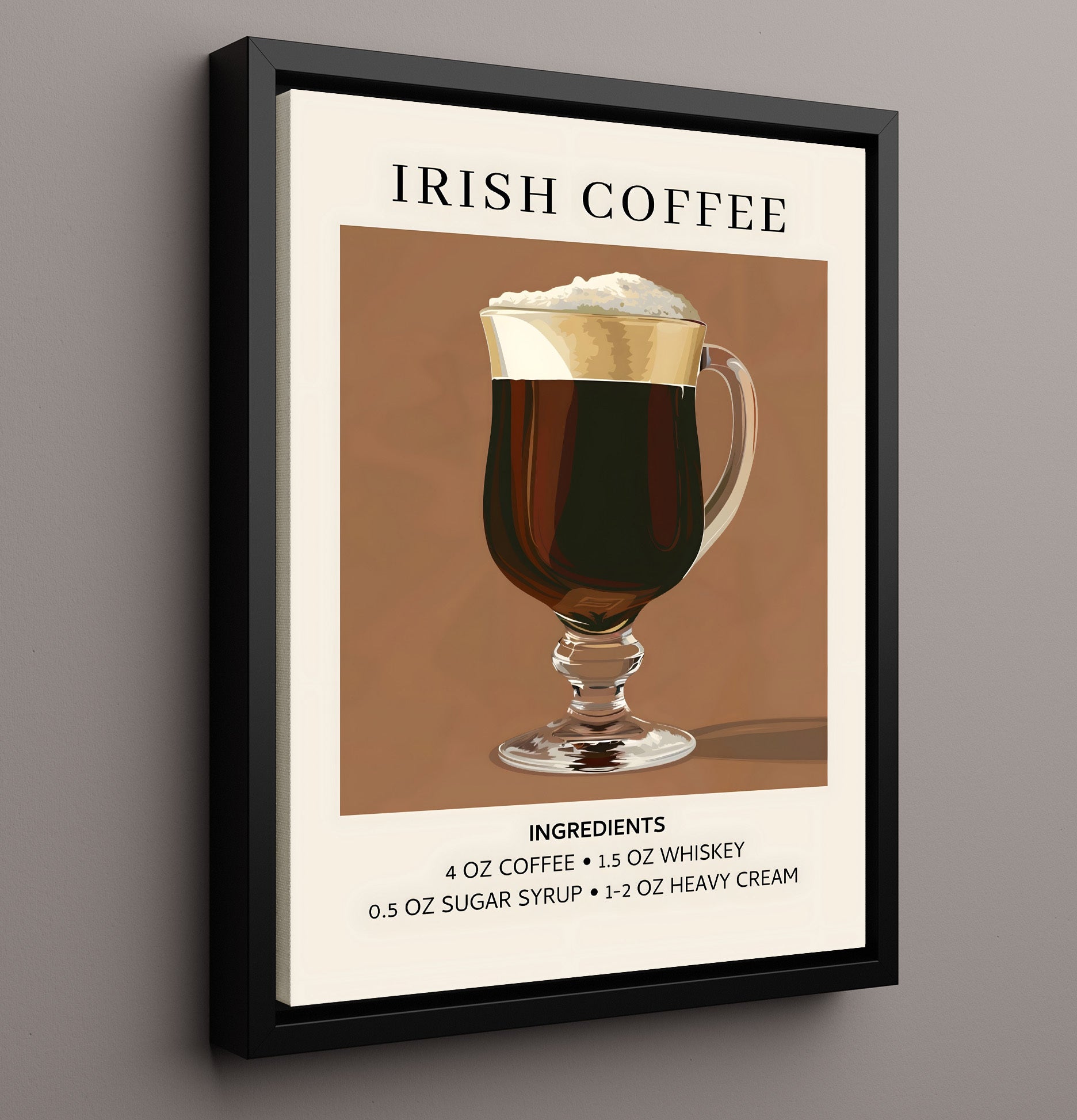 Irish Coffee Whiskey Cocktail Framed Canvas 16x20 wall art print – Drink Recipes decor