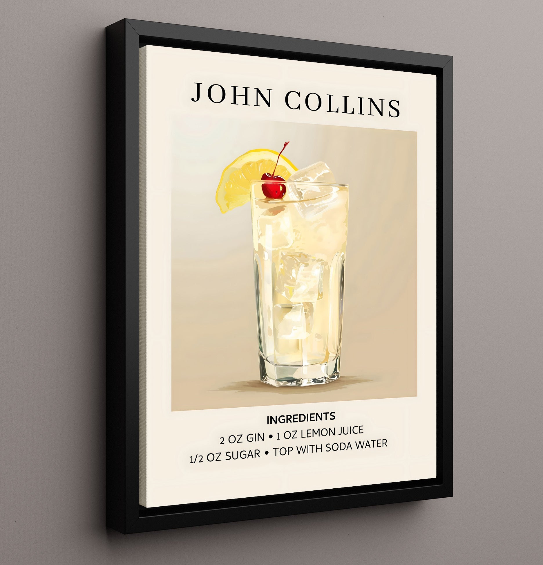 John Collins Gin Highball Framed Canvas 16x20 wall art print – Drink Recipes decor