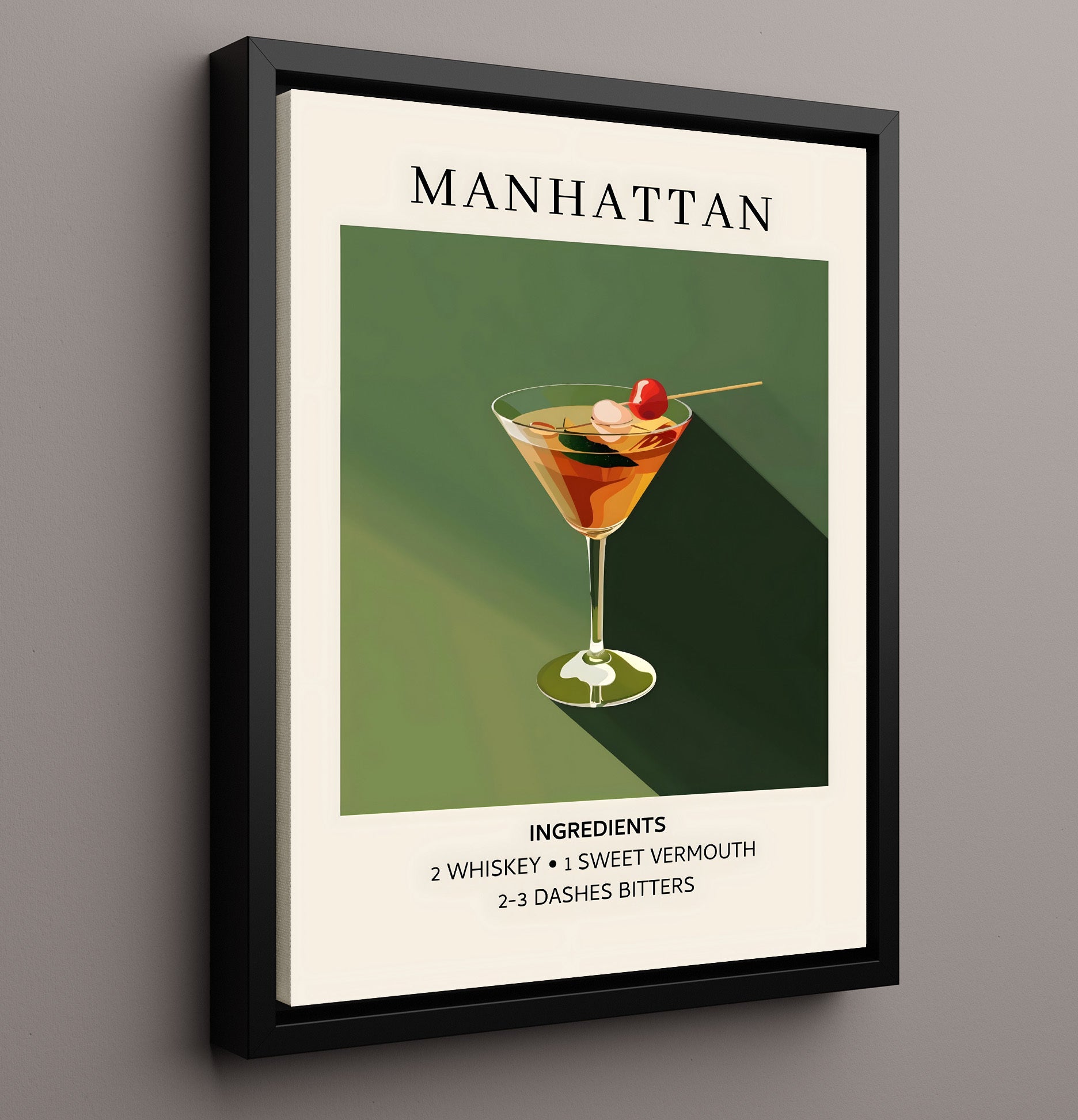 Manhattan Whiskey Cocktail Framed Canvas 16x20 wall art print – Drink Recipes decor