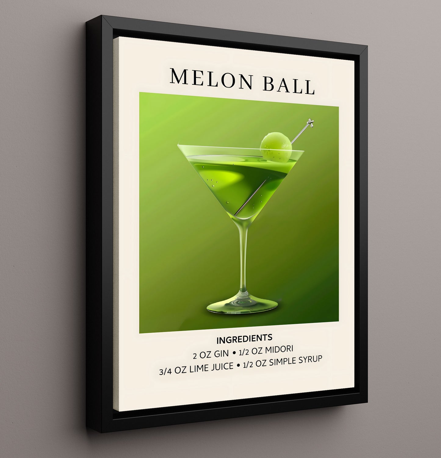 Melon Ball Midori Martini Framed Canvas 16x20 wall art print – Drink Recipes decor