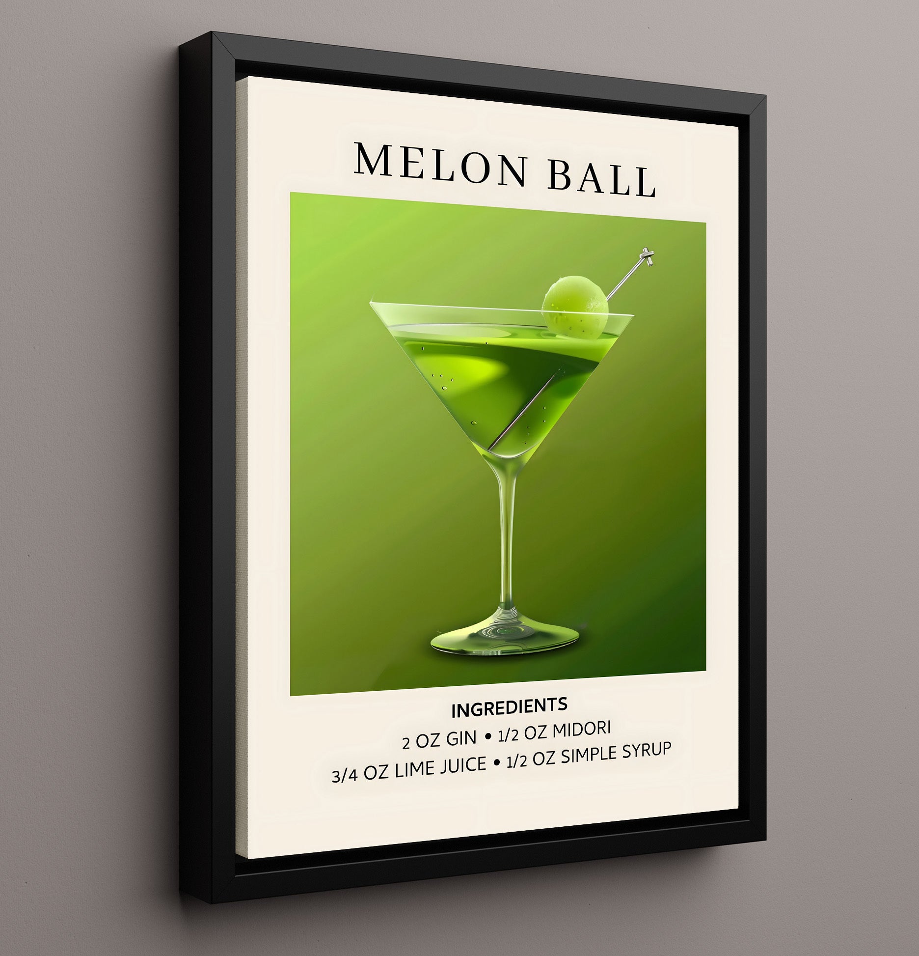 Melon Ball Midori Martini Framed Canvas 16x20 wall art print – Drink Recipes decor