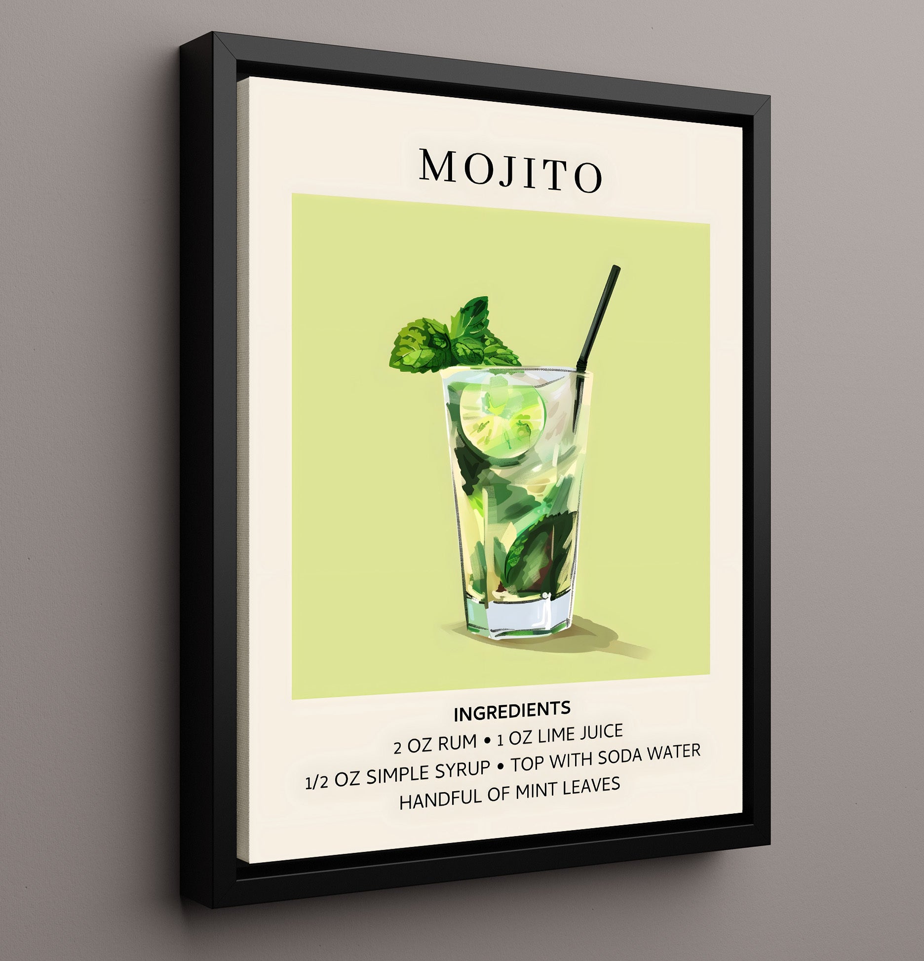 Mojito Classic Mint Lime Framed Canvas 16x20 wall art print – Drink Recipes decor