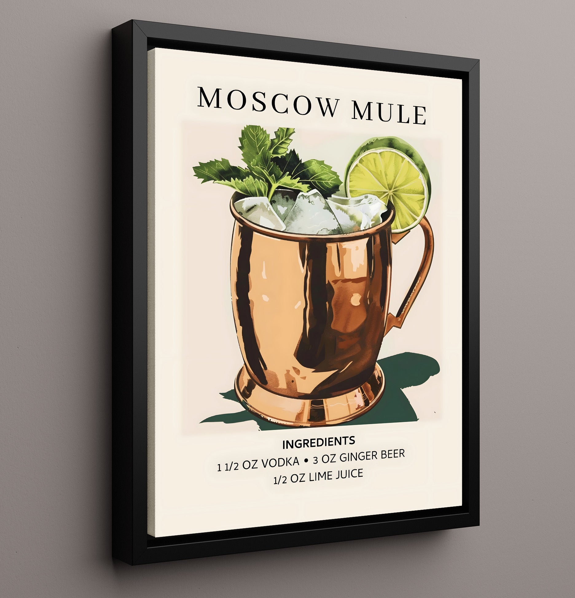 Moscow Mule Copper Mug Framed Canvas 16x20 wall art print – Drink Recipes decor