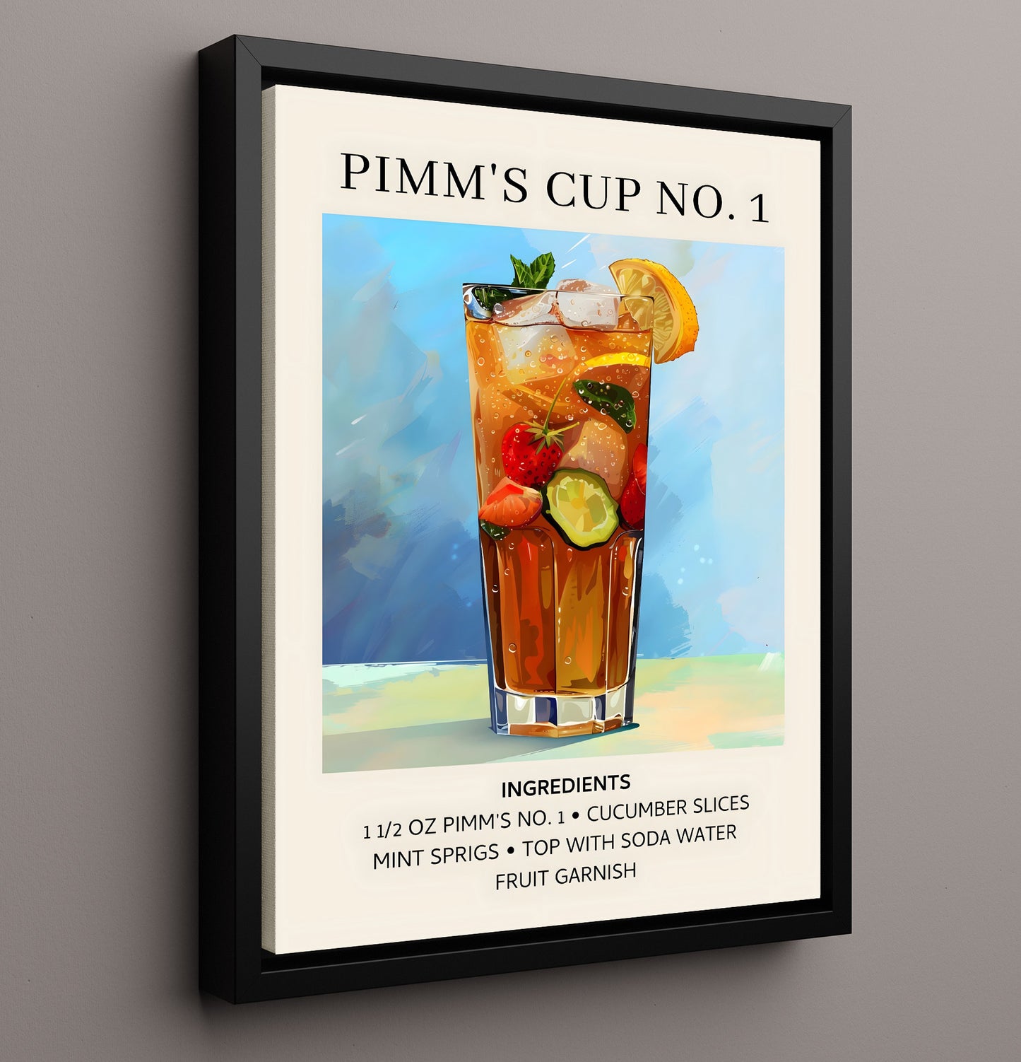 Pimms Cup No 1 Summer Cocktail Framed Canvas 16x20 wall art print – Drink Recipes decor
