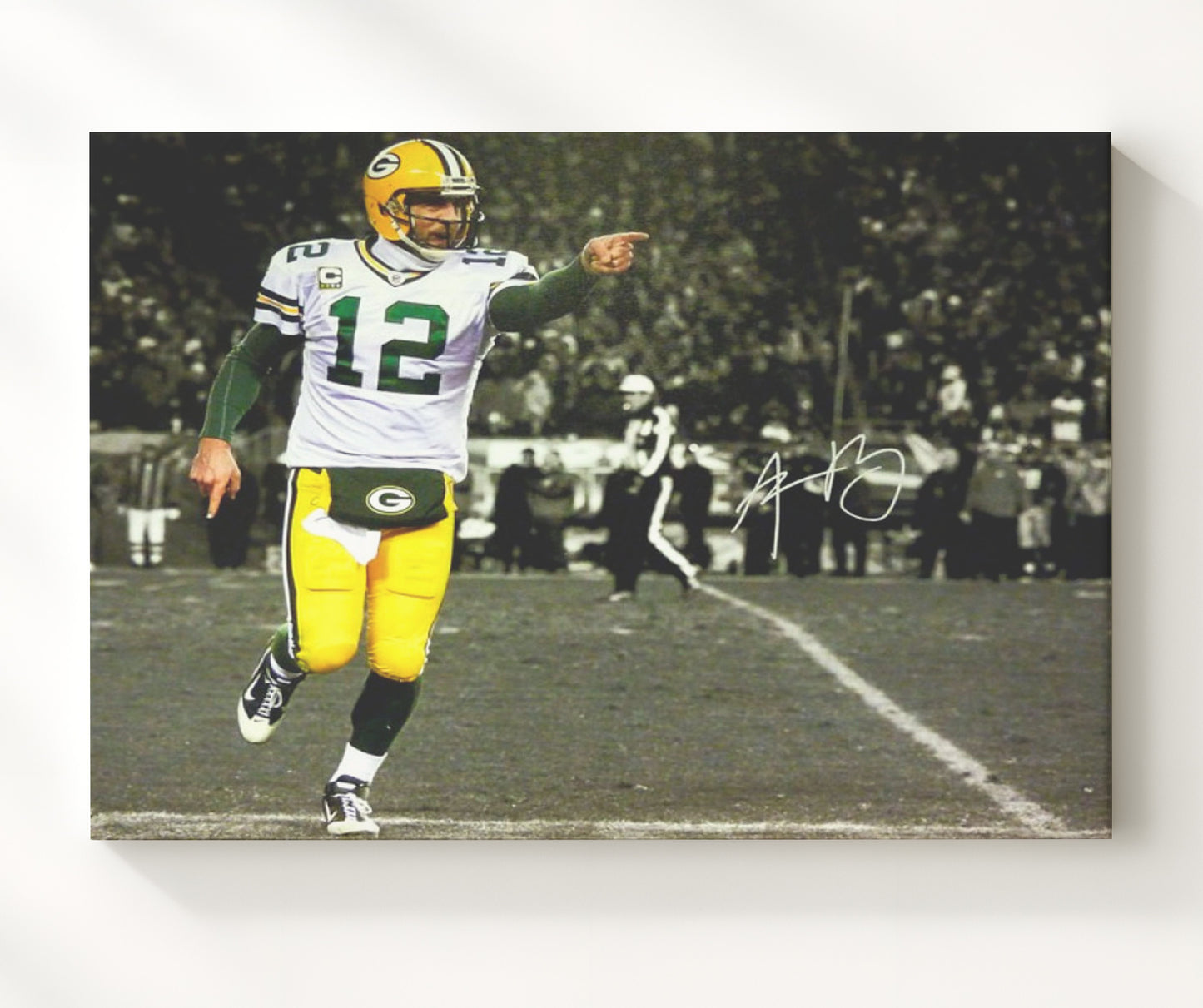 Aaron Rodgers - Green Bay Football Quarterback Pointing Spotlight Vintage Football Wall Art - 20x24 Canvas football decor