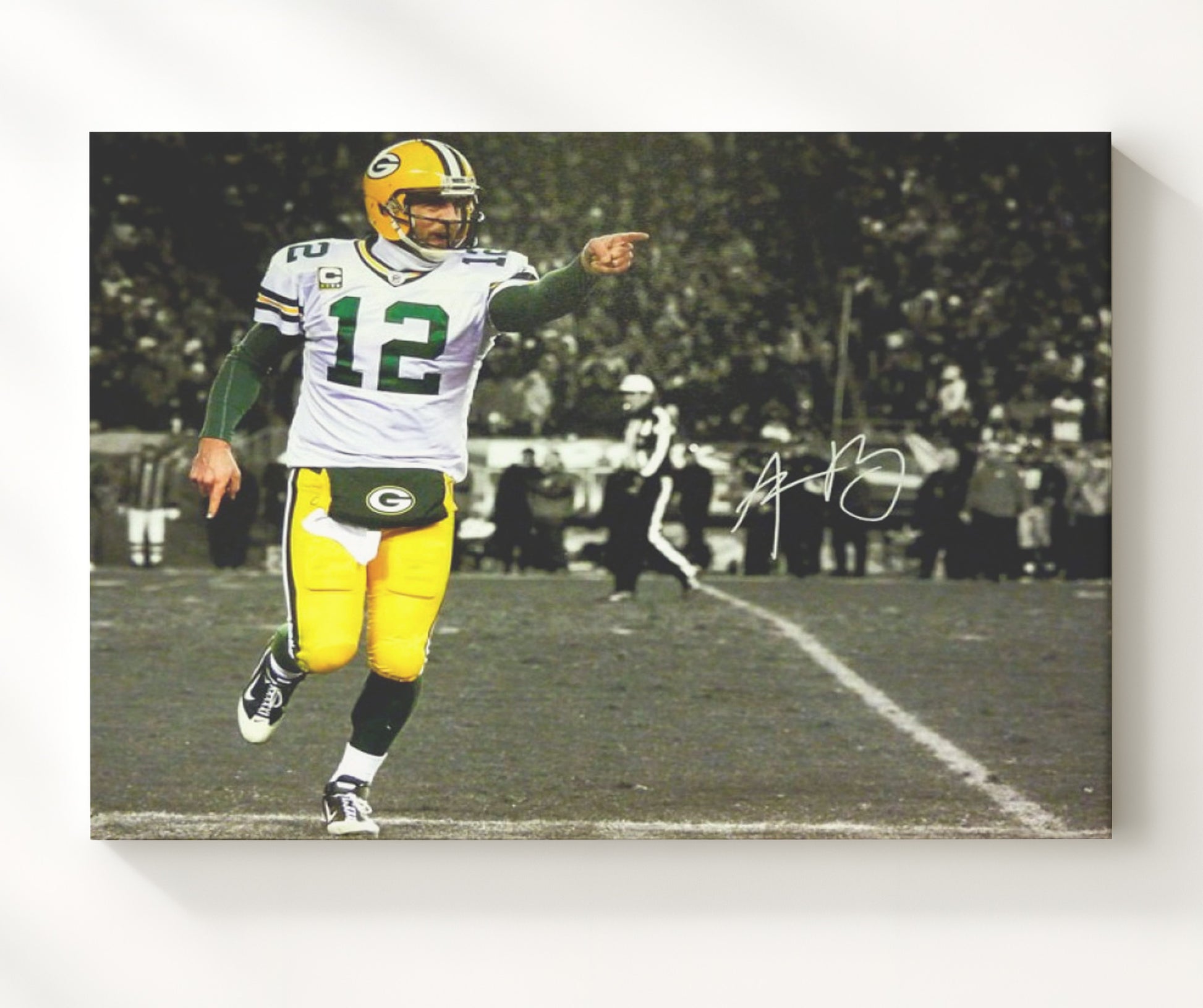 Aaron Rodgers - Green Bay Football Quarterback Pointing Spotlight Vintage Football Wall Art - 20x24 Canvas football decor
