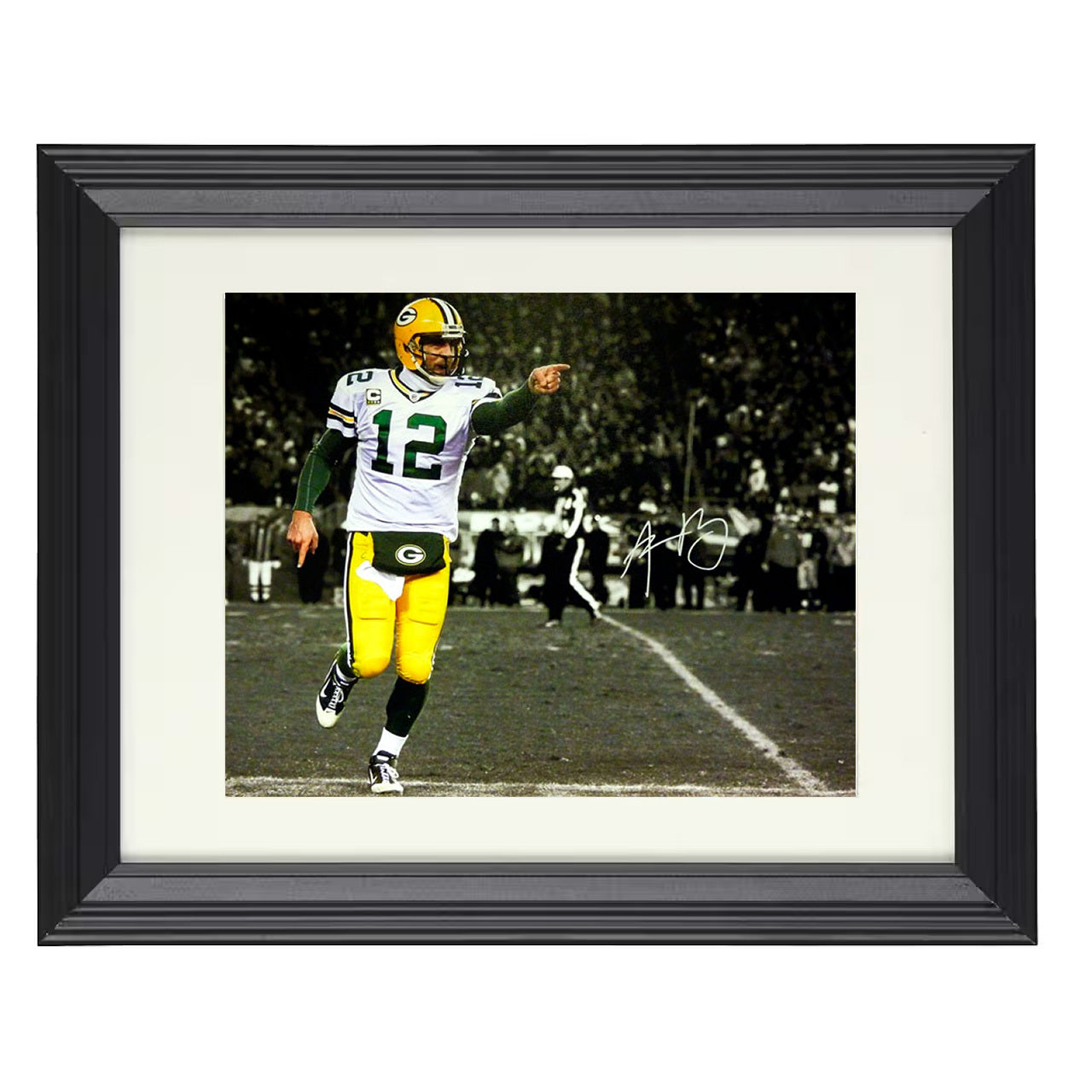 Aaron Rodgers – Green Bay QB Pointing Spotlight – 8x10 black beveled framed football wall art