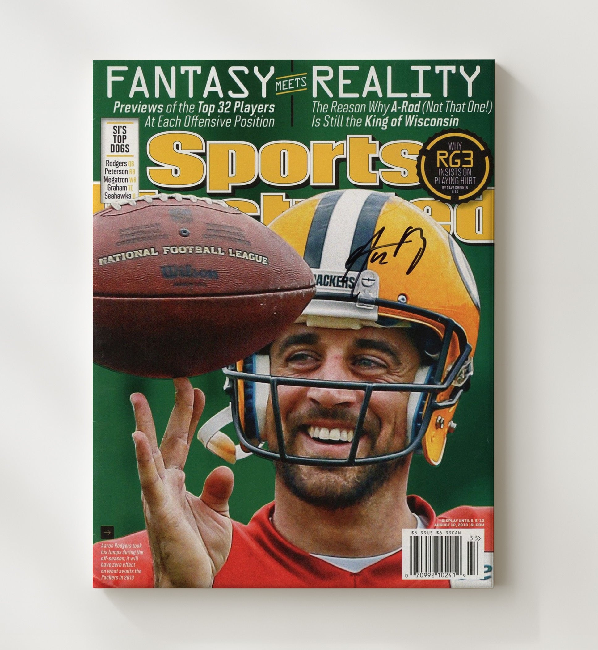 Aaron Rodgers - Green Bay football Fantasy Meets Reality NFL Preview 2013 SI Cover Vintage Football Wall Art - 20x24 Canvas football decor