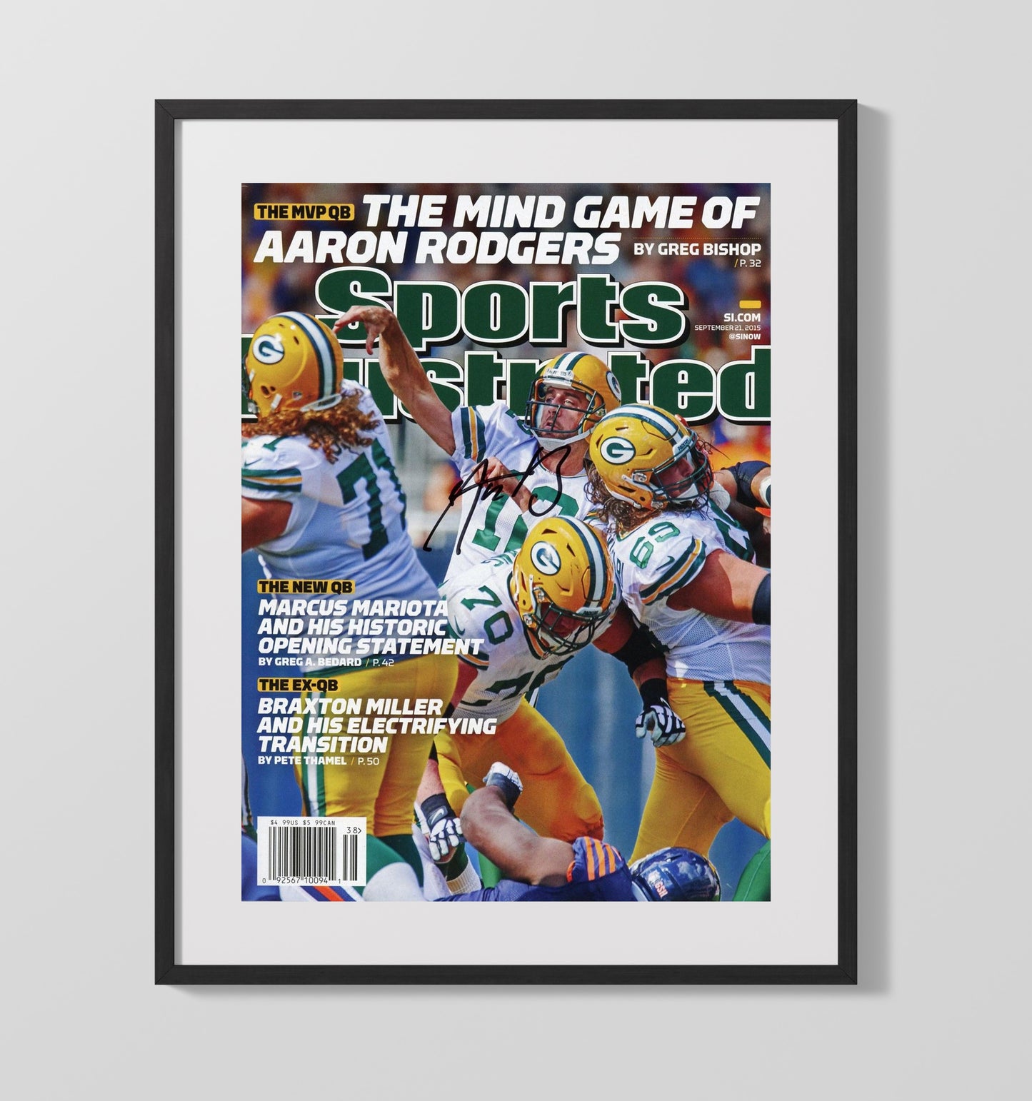 Aaron Rodgers - Green Bay football Mind Game of Aaron Rodgers Feature 2015 SI Cover Vintage Football Wall Art - 16x20 Gallery Frame football decor