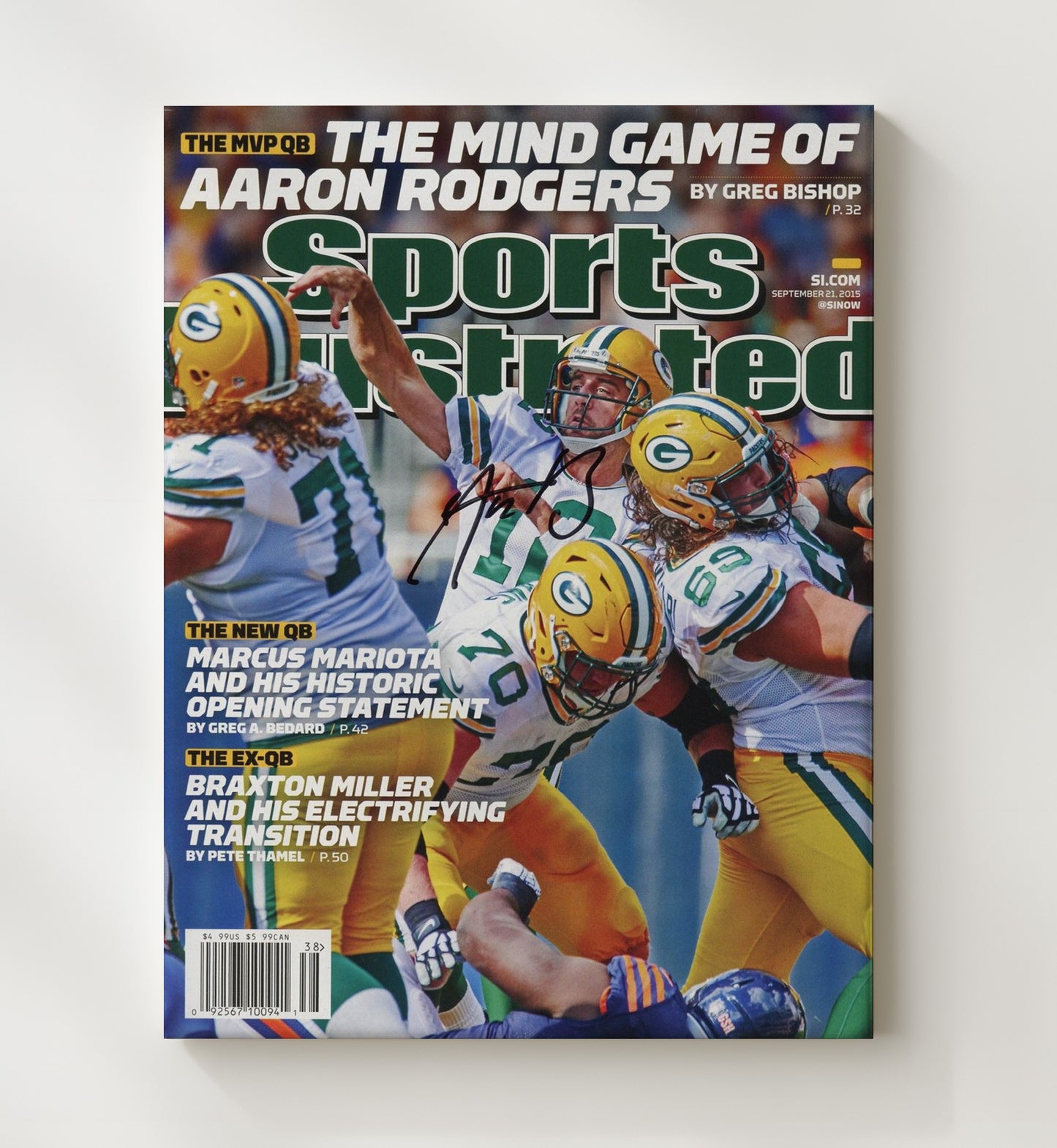Aaron Rodgers - Green Bay football Mind Game of Aaron Rodgers Feature 2015 SI Cover Vintage Football Wall Art - 20x24 Canvas football decor