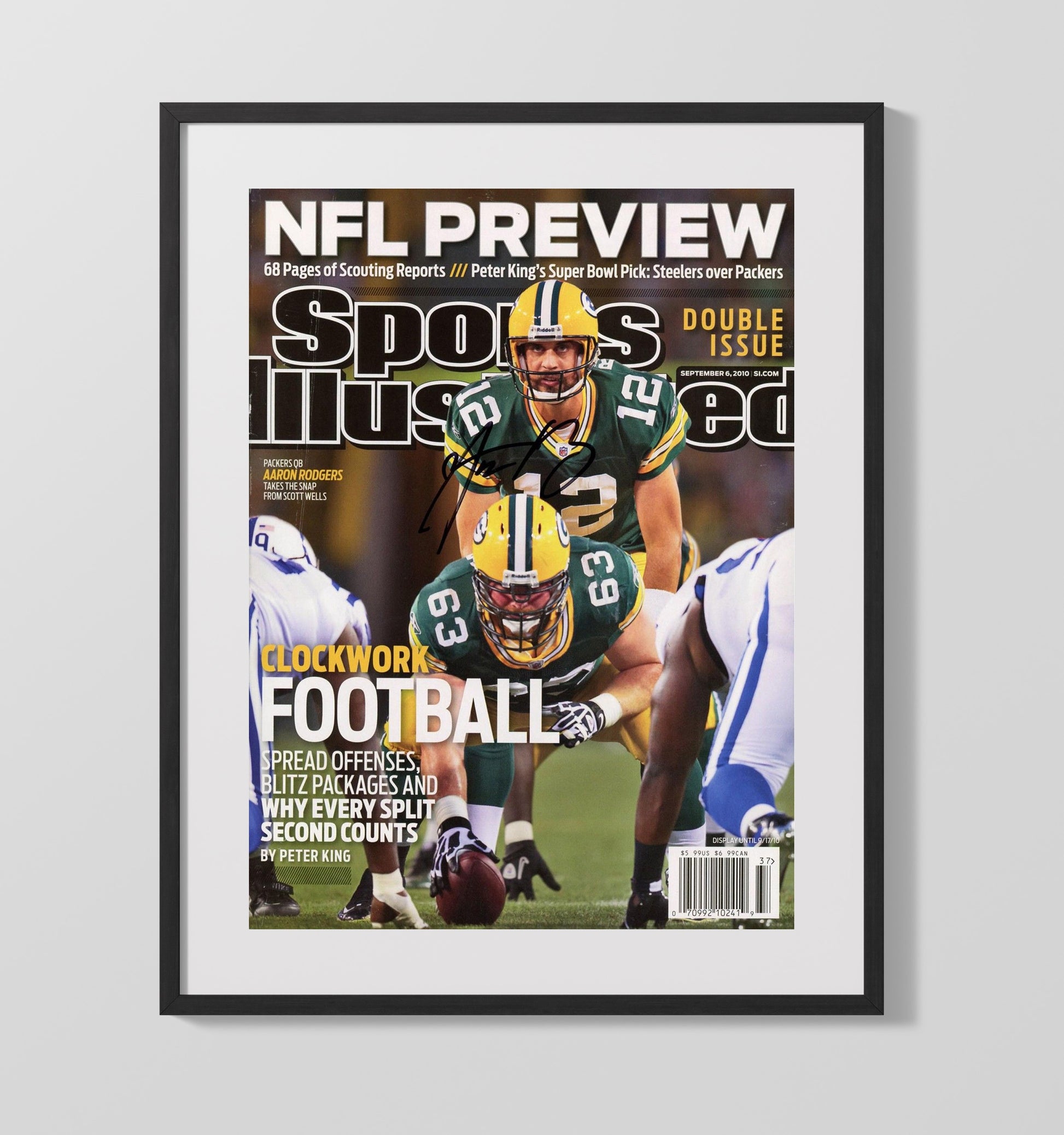 Aaron Rodgers - Green Bay football NFL Preview Snap Under Center 2010 SI Cover Vintage Football Wall Art - 16x20 Gallery Frame football decor