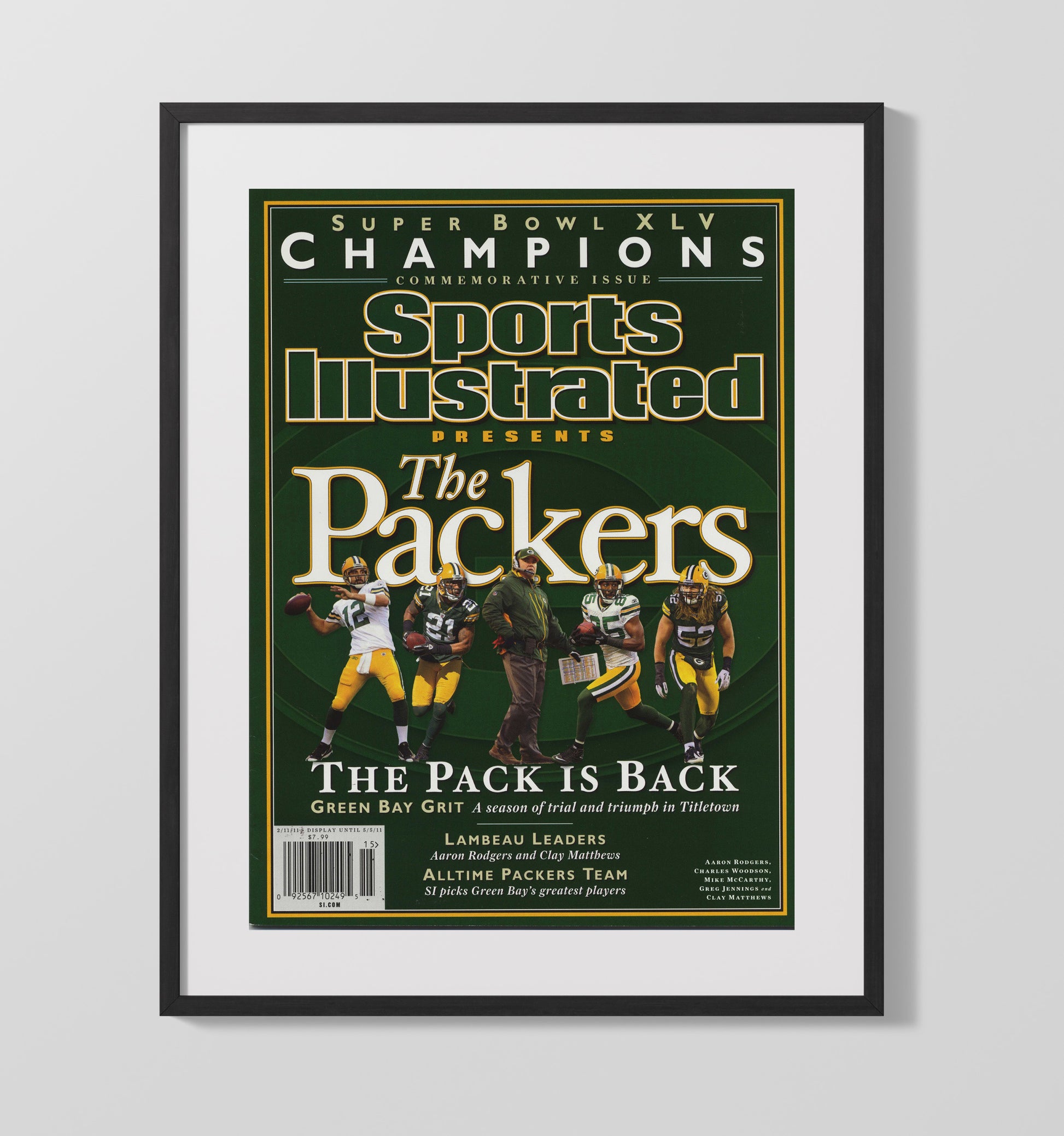 Aaron Rodgers - Green Bay football Super Bowl XLV Champions Commemorative 2011 SI Cover Vintage Football Wall Art - 16x20 Gallery Frame football decor