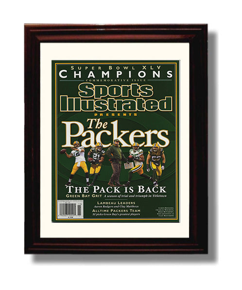 Aaron Rodgers - Green Bay football Super Bowl XLV Champions Commemorative 2011 SI Cover Vintage Football Wall Art - 8x10 Beveled Frame football decor