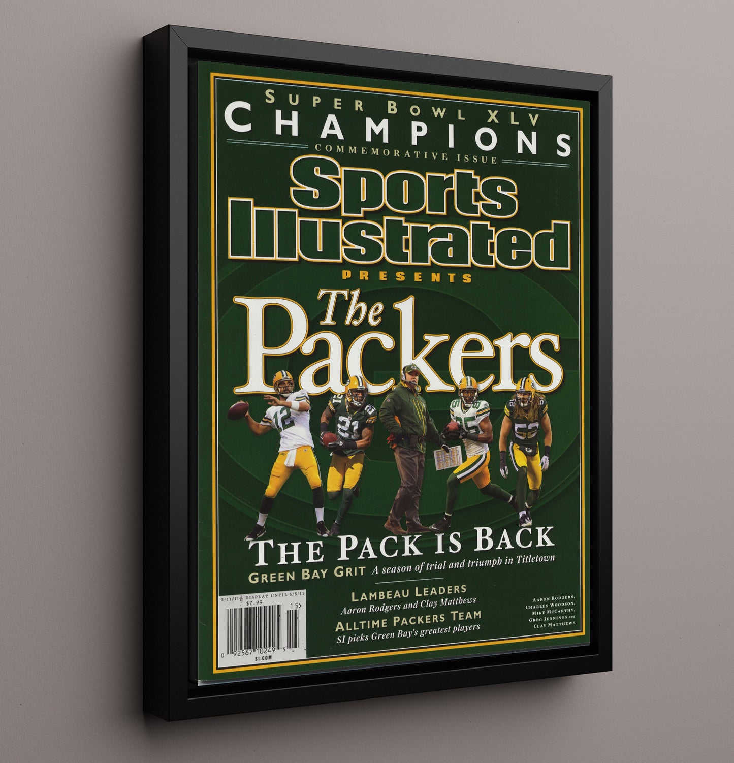 Aaron Rodgers - Green Bay football Super Bowl XLV Champions Commemorative 2011 SI Cover Vintage Football Wall Art - 16x20 Framed Canvas football decor