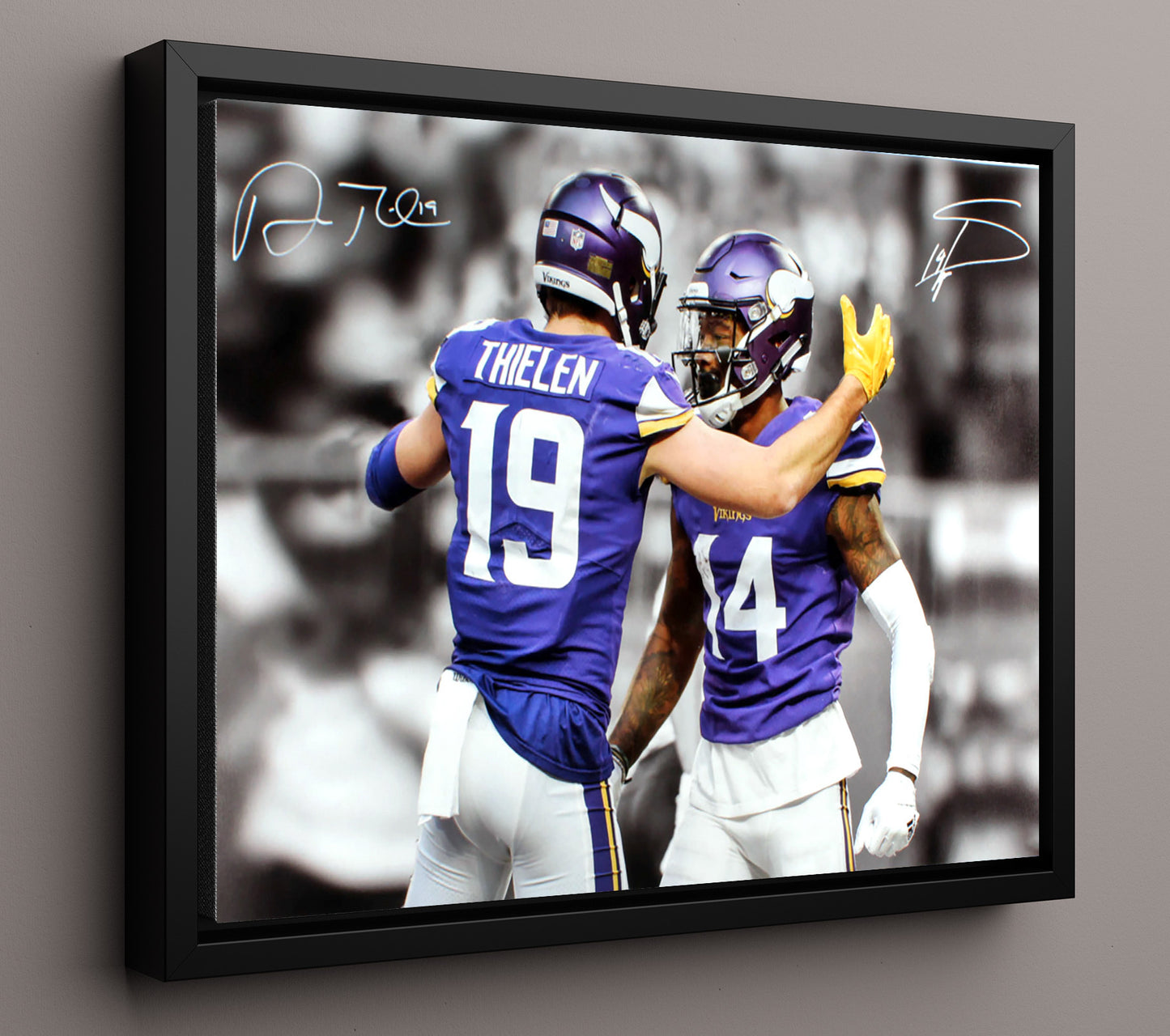 Adam Thielen and Stefon Diggs Minnesota Touchdown Celebration Duo Football Wall Art 16x20 Floating Canvas Display wall art print - Football decor
