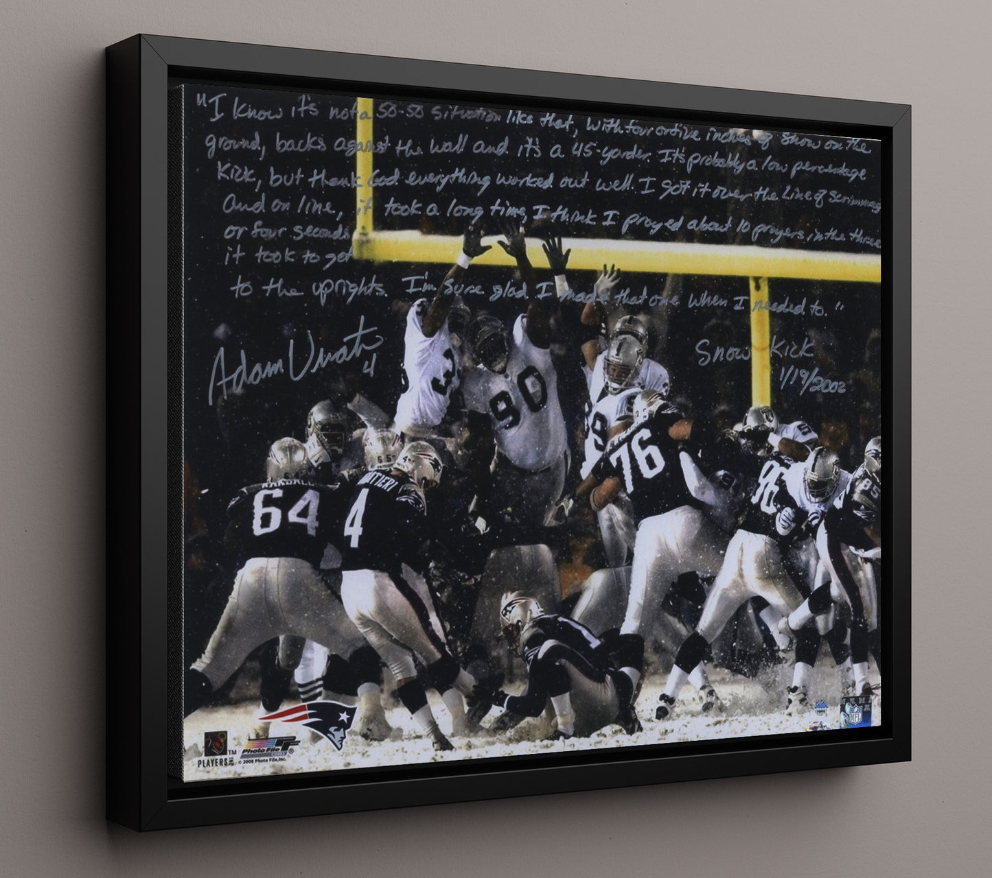 Adam Vinatieri New England Snow Kick Game 2002 Spotlight Football Wall Art 16x20 Floating Canvas Display wall art print - Football decor