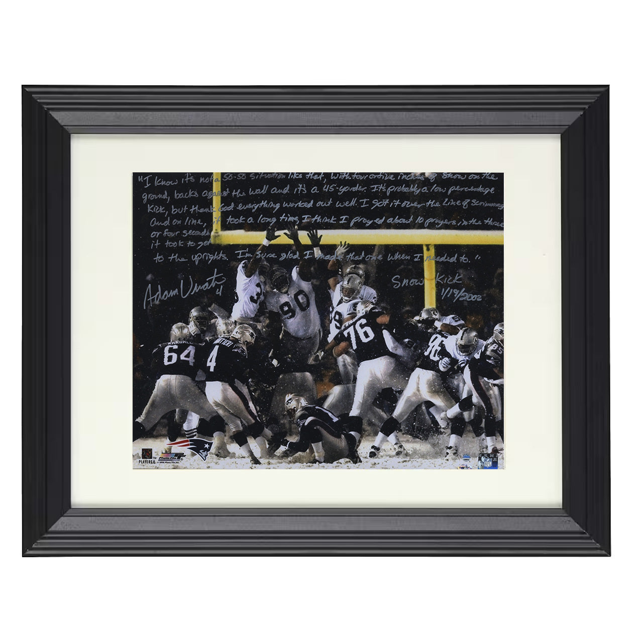 Adam Vinatieri – New England Snow Kick Game 2002 Spotlight – 8x10 black beveled framed football wall art