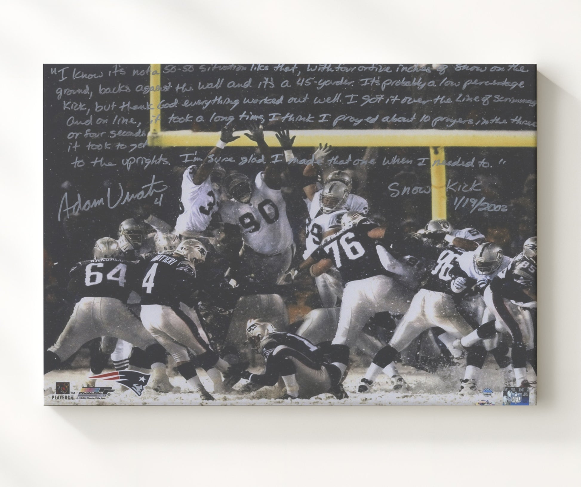 Adam Vinatieri New England Snow Kick Game 2002 Spotlight Football Wall Art 16x20 Canvas Wall Art wall art print - Football decor