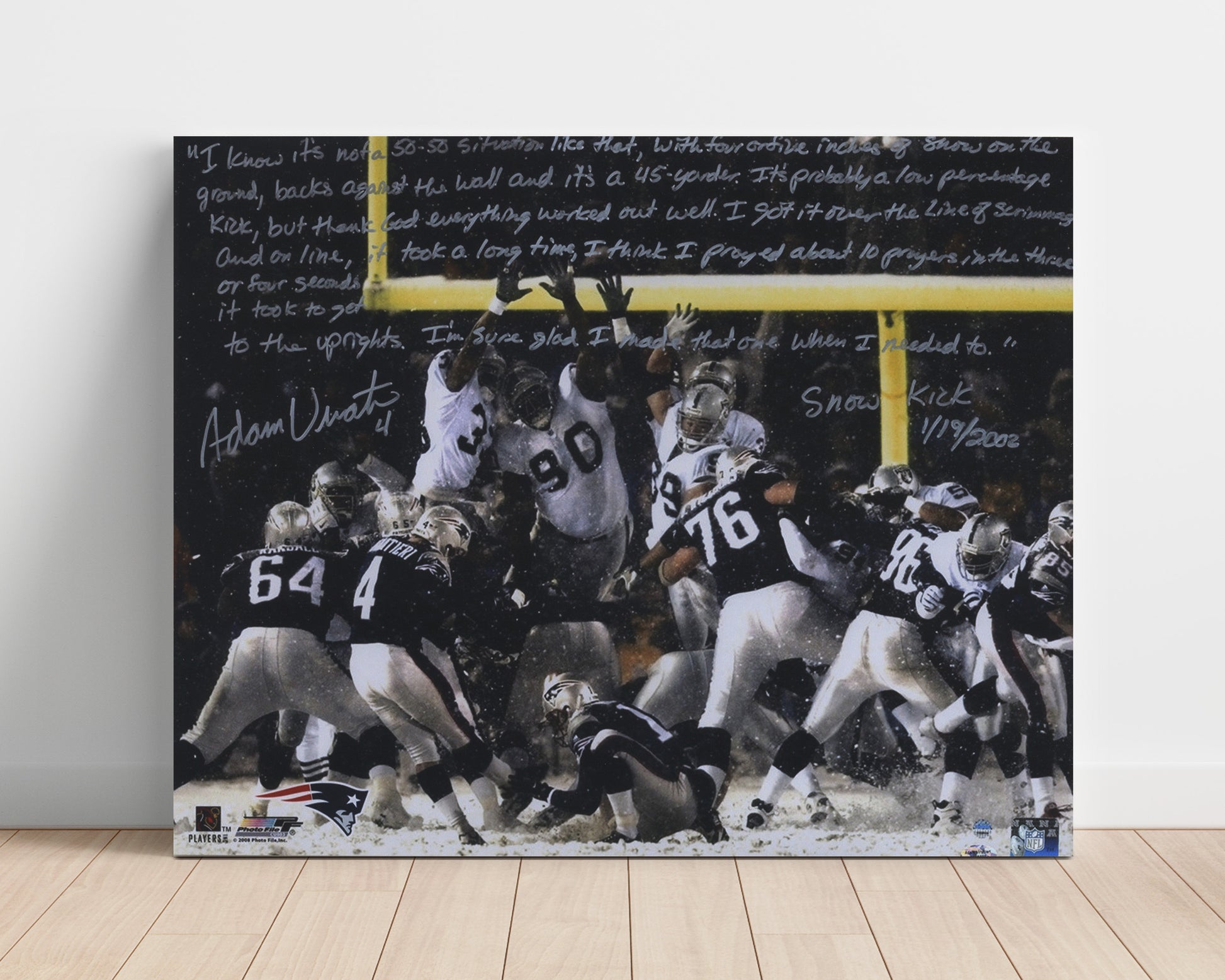 Adam Vinatieri - New England Football Snow Kick Game 2002 Spotlight Vintage Football Wall Art - 16x20 Unframed Print football decor