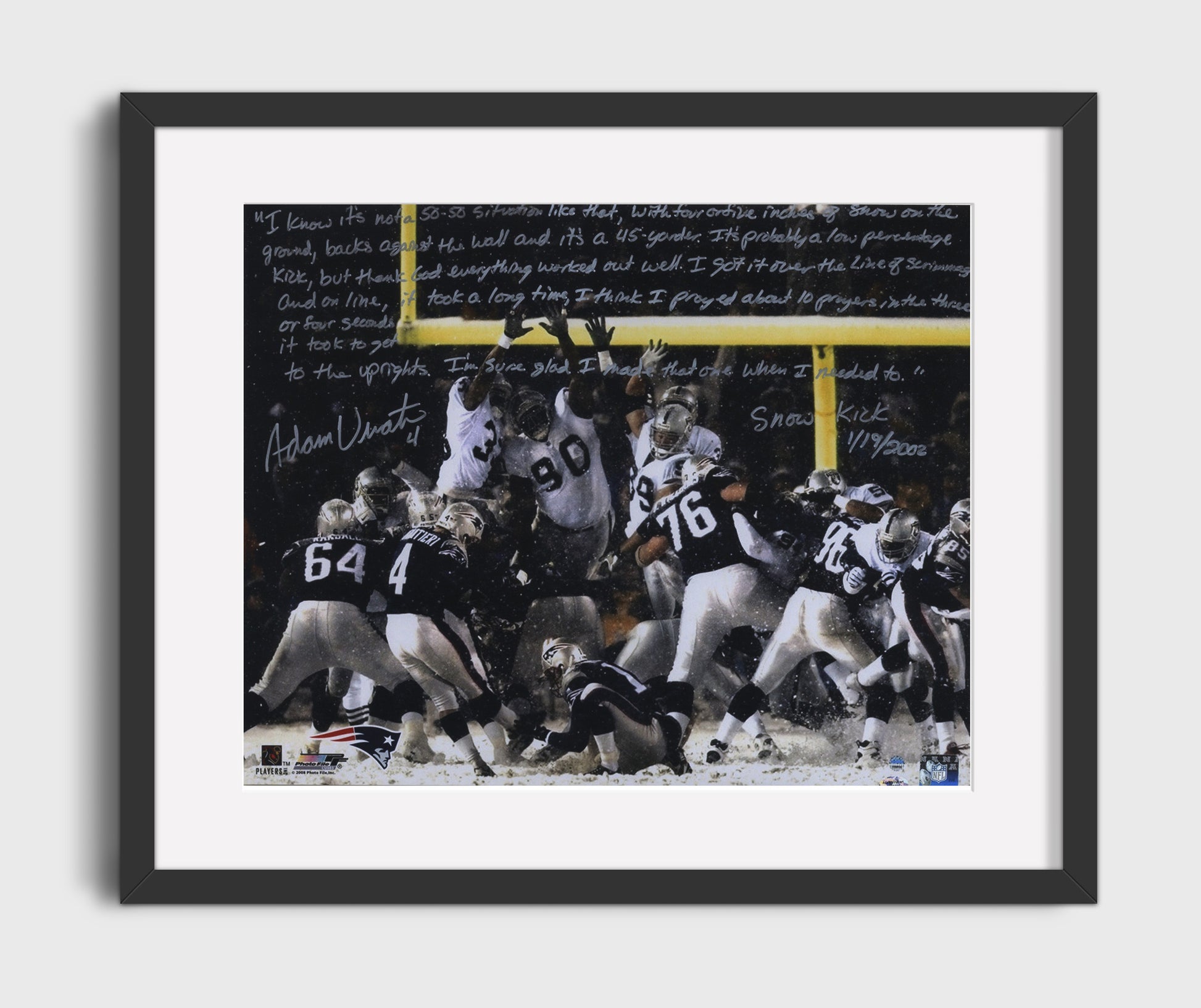 Adam Vinatieri - New England Football Snow Kick Game 2002 Spotlight Vintage Football Wall Art - 16x20 Gallery Frame football decor