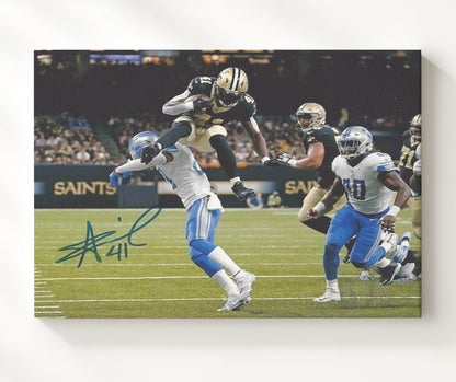 Alvin Kamara - New Orleans Football Leap Over Defender 16x20 Gallery Frame vintage football wall art