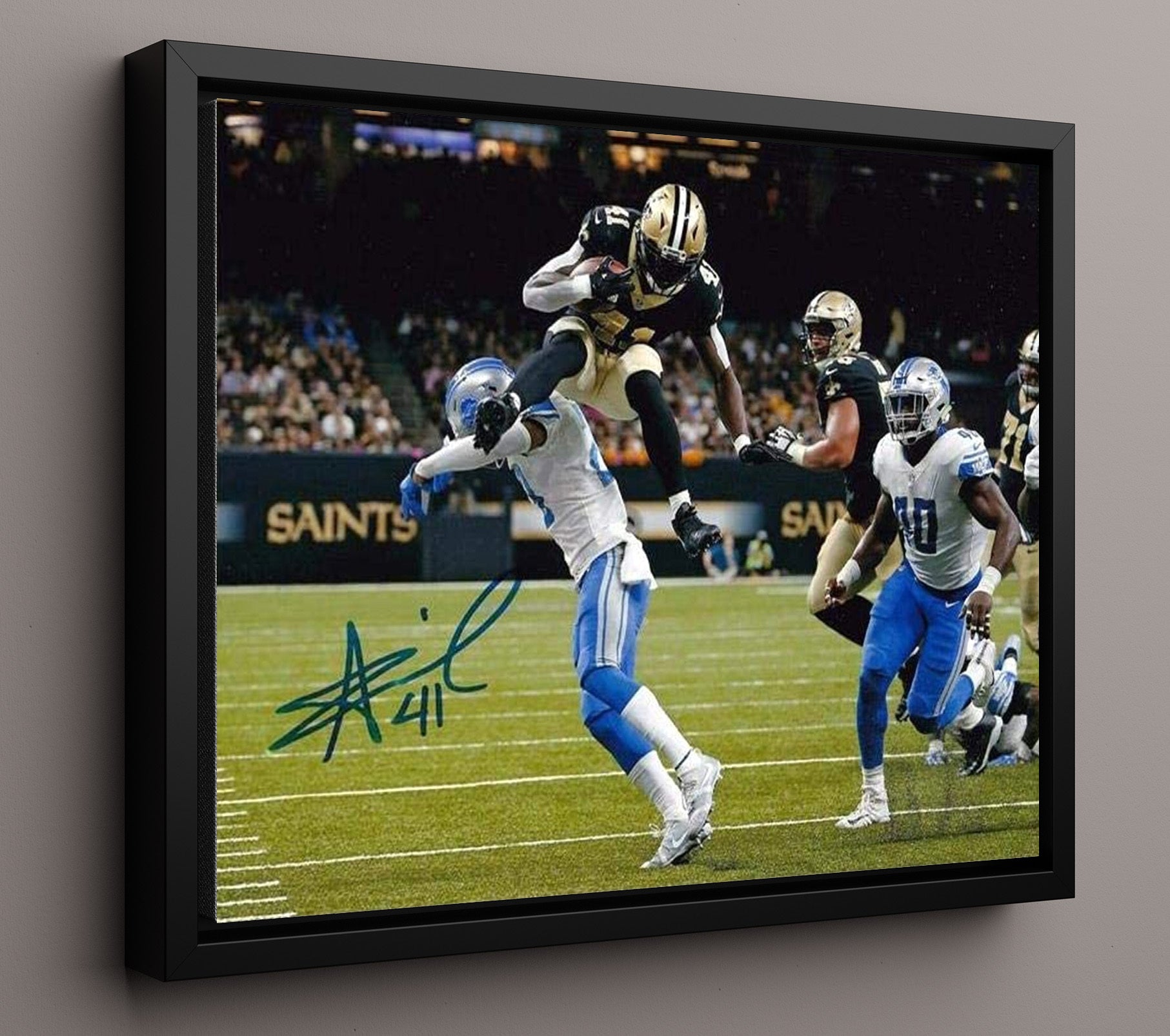 Alvin Kamara New Orleans Leap Over Defender Football Wall Art 16x20 Floating Canvas Display wall art print - Football decor