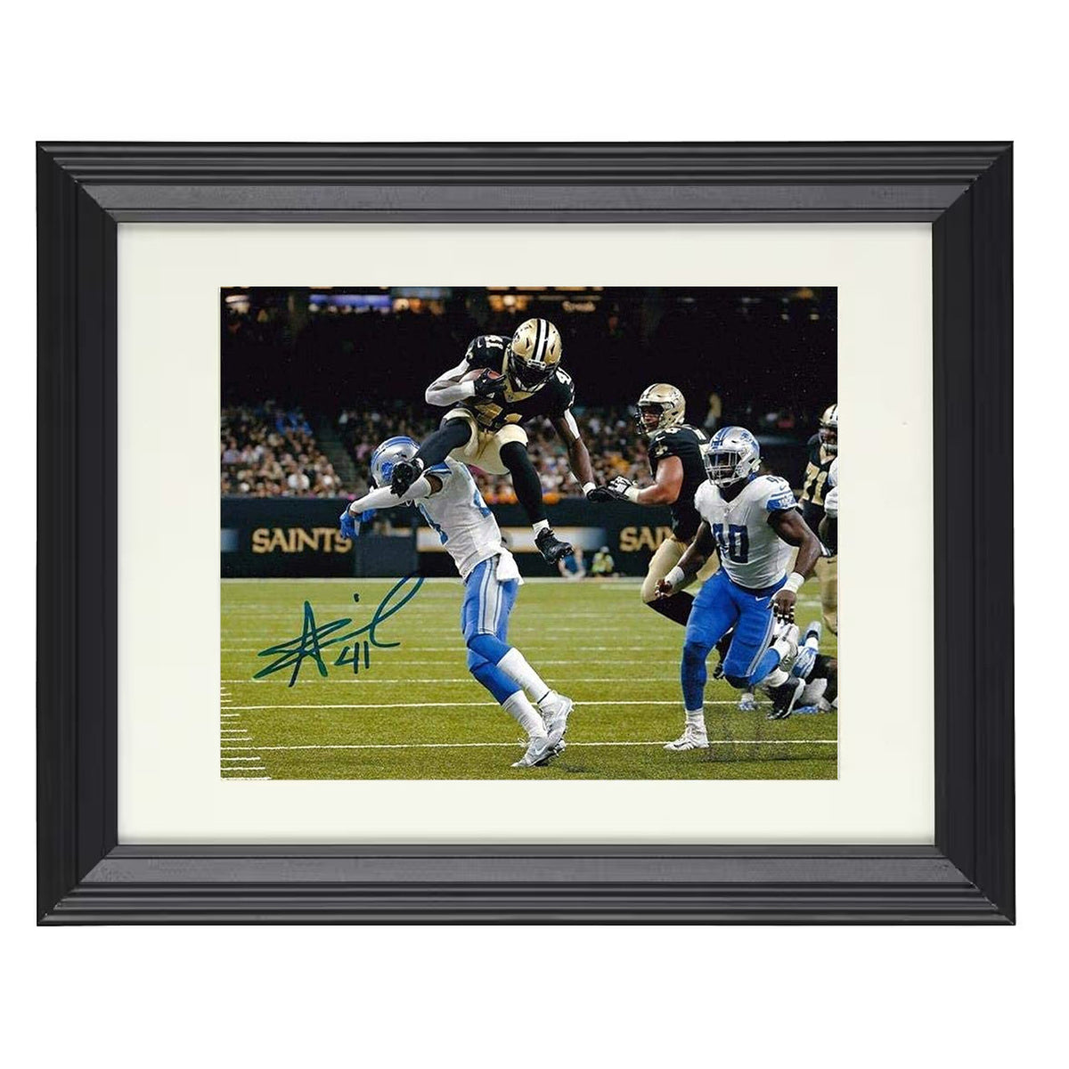 Alvin Kamara - New Orleans Football Leap Over Defender 8x10 Beveled Frame vintage football wall art