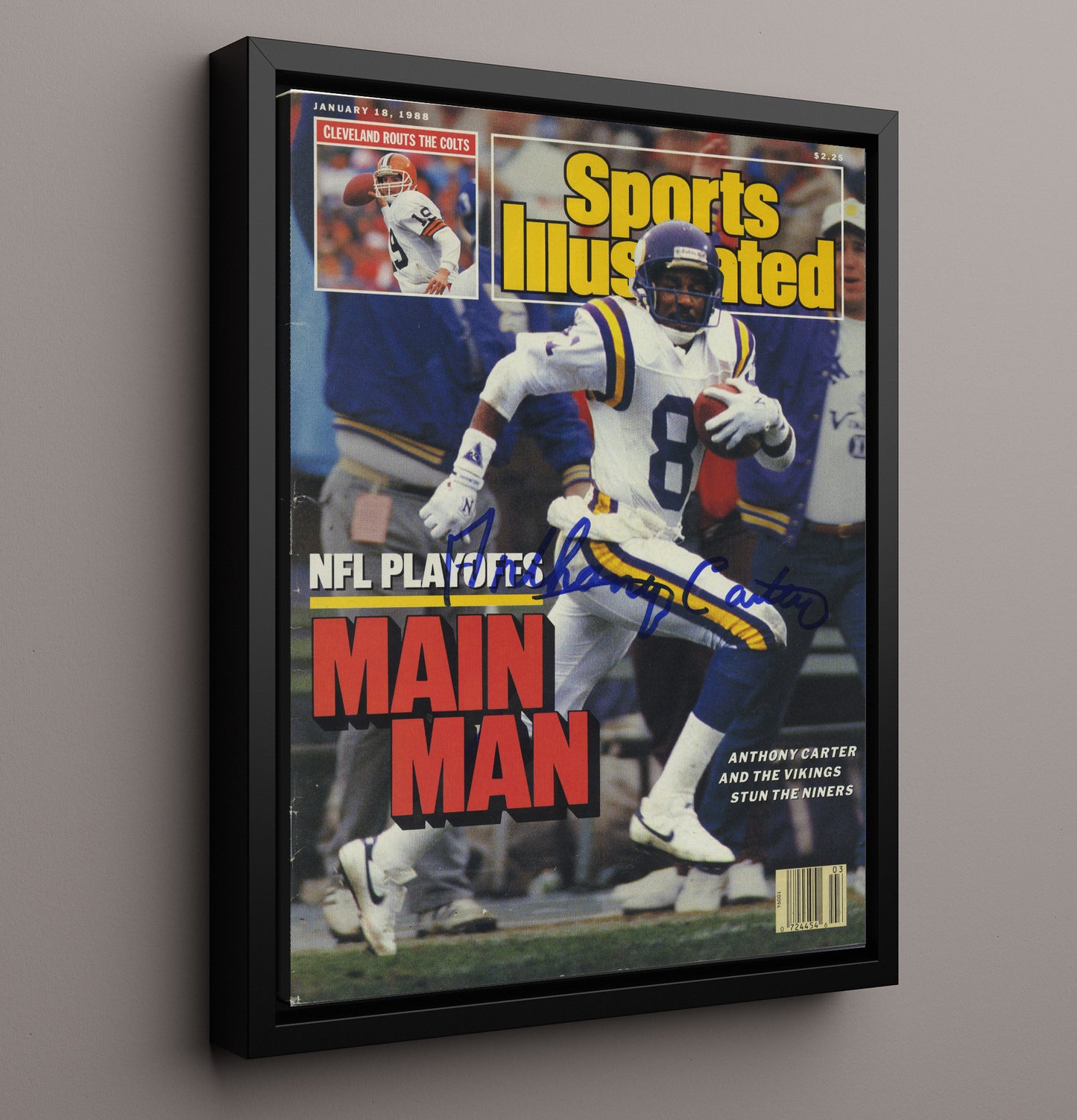 Anthony Carter - Minnesota football NFL Playoffs Main Man Run 1988 SI Cover Vintage Football Wall Art - 16x20 Framed Canvas football decor