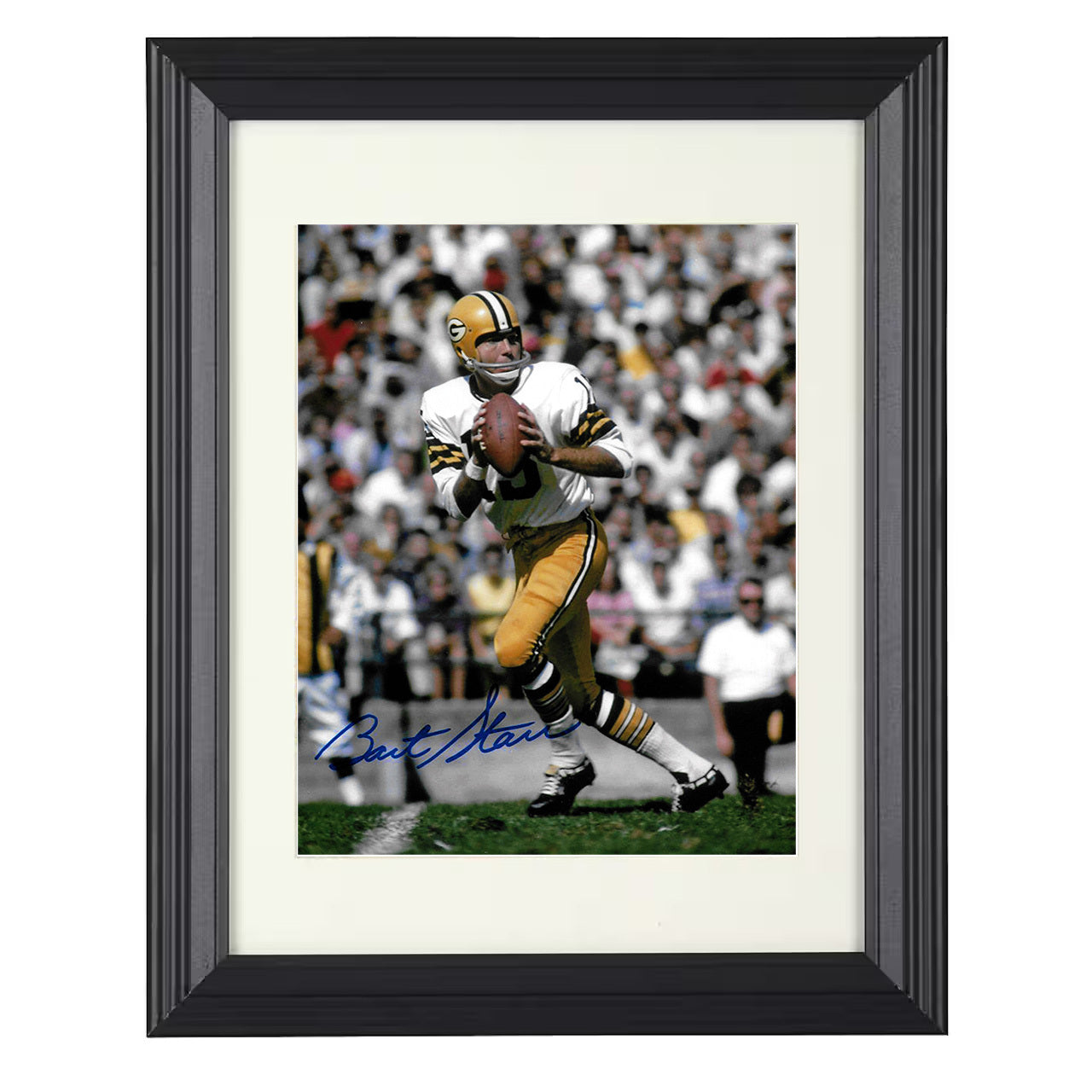 Bart Starr – Green Bay QB Dropback Pass – 8x10 black beveled framed football wall art