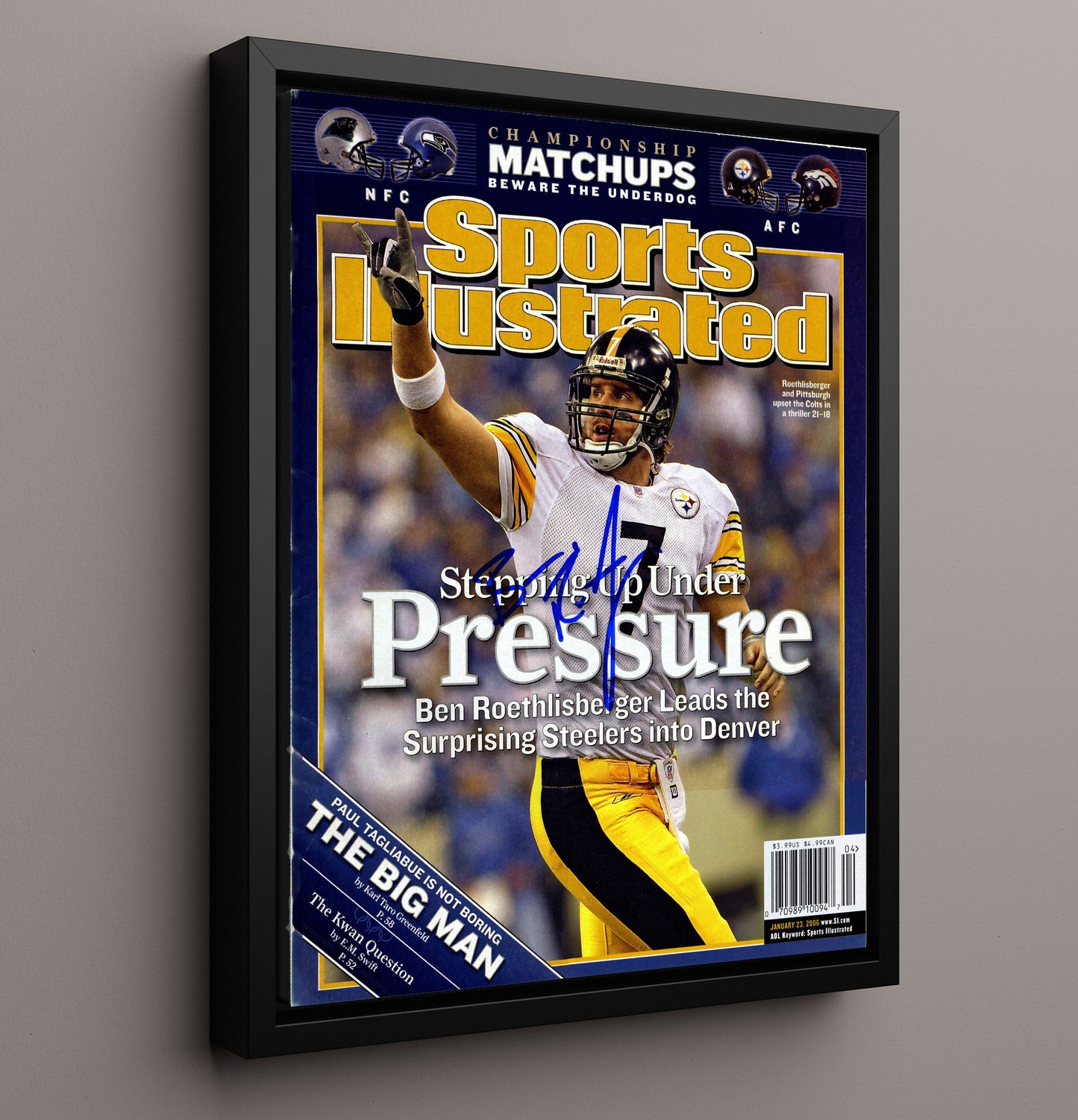 Ben Roethlisberger - Pittsburgh football AFC Championship Stepping Up Under Pressure 2006 SI Cover Vintage Football Wall Art - 16x20 Framed Canvas football decor