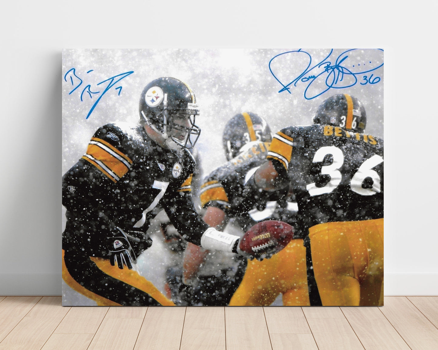 Ben Roethlisberger and Jerome Bettis - Pittsburgh Football Snow Game Hand Off Football Wall Art - football wall art print