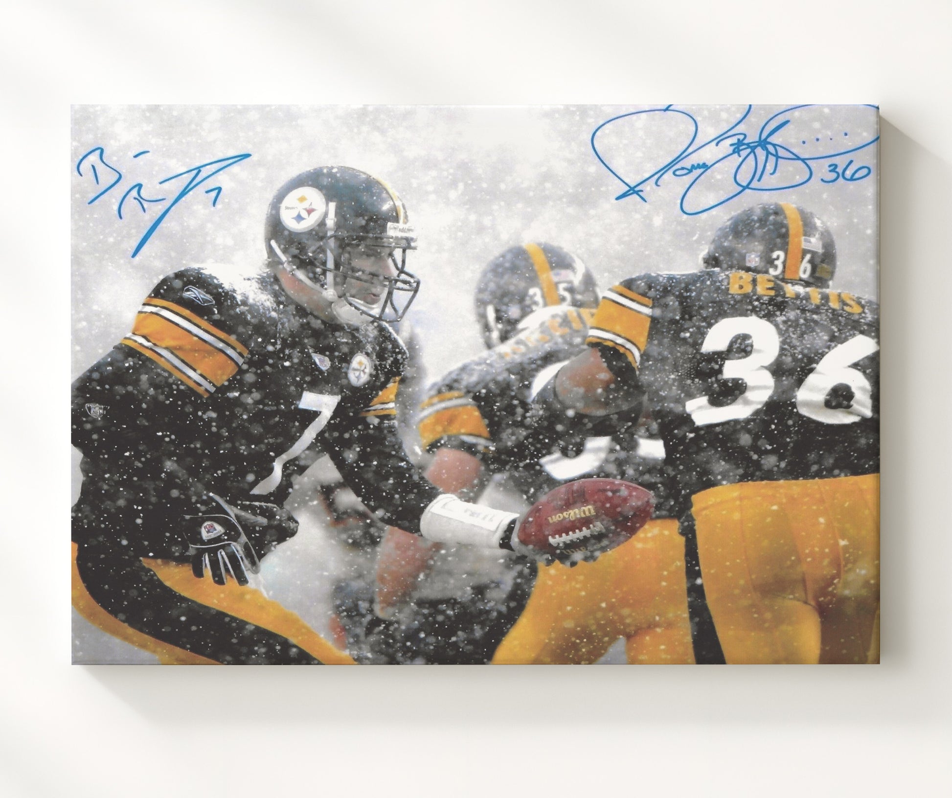 Ben Roethlisberger and Jerome Bettis - Pittsburgh Football Snow Game Hand Off Football Wall Art - football wall art print