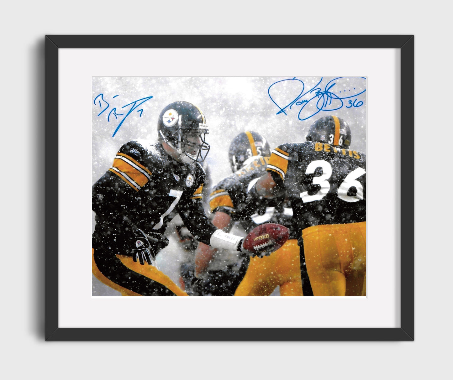 Ben Roethlisberger and Jerome Bettis - Pittsburgh Football Snow Game Hand Off Football Wall Art - football wall art print
