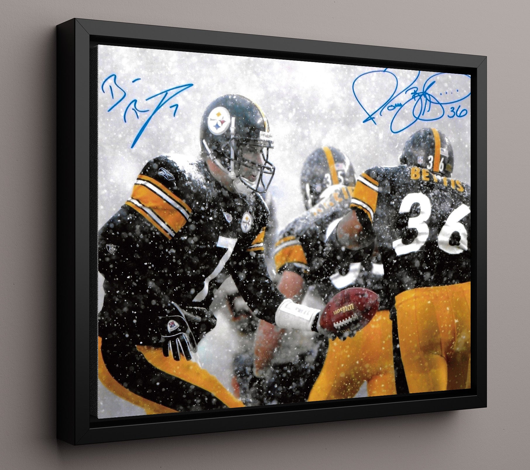 Ben Roethlisberger and Jerome Bettis - Pittsburgh Football Snow Game Hand Off Vintage Football Wall Art - 16x20 Framed Canvas football decor