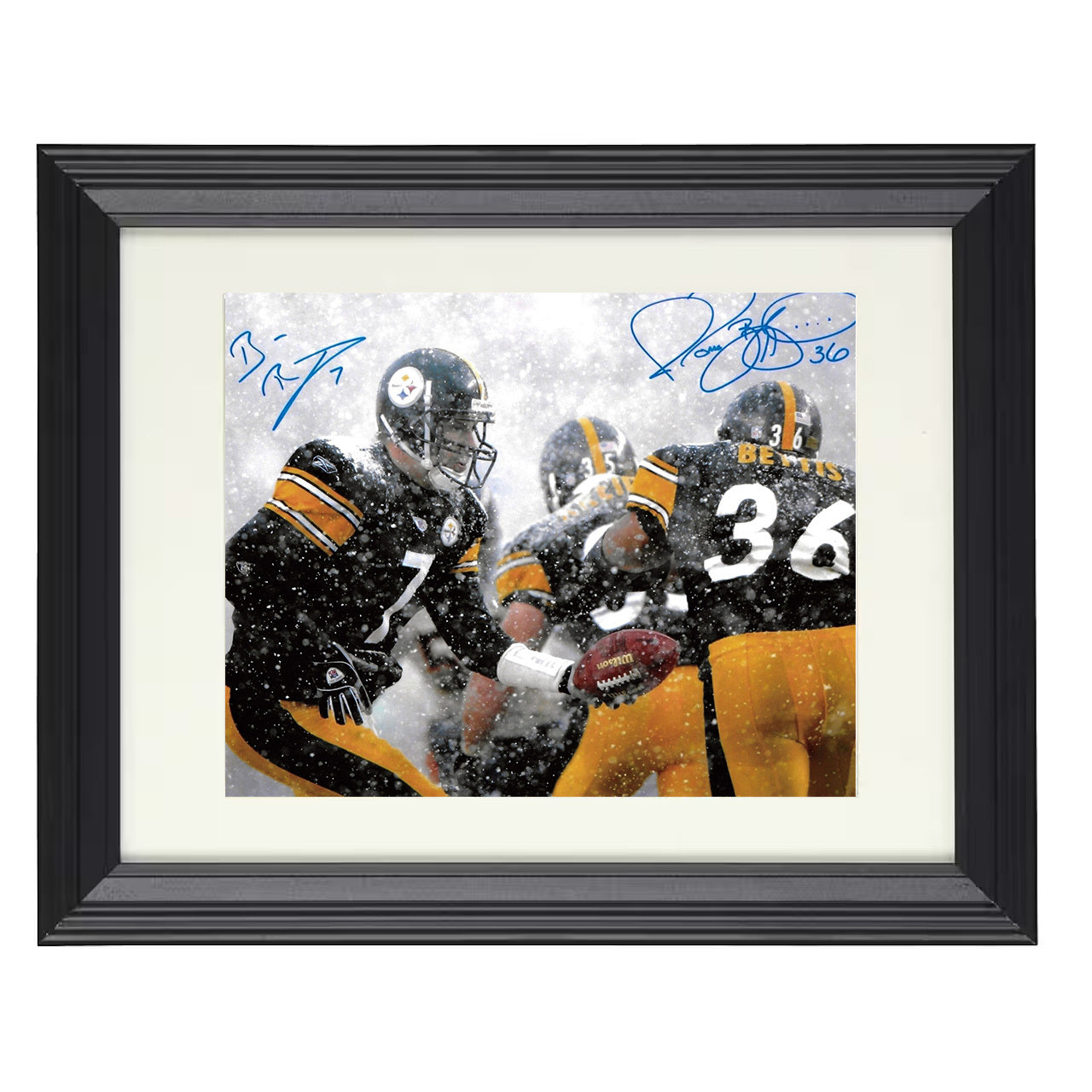 Ben Roethlisberger and Jerome Bettis – Game Hand Off – 8x10 black beveled framed football wall art
