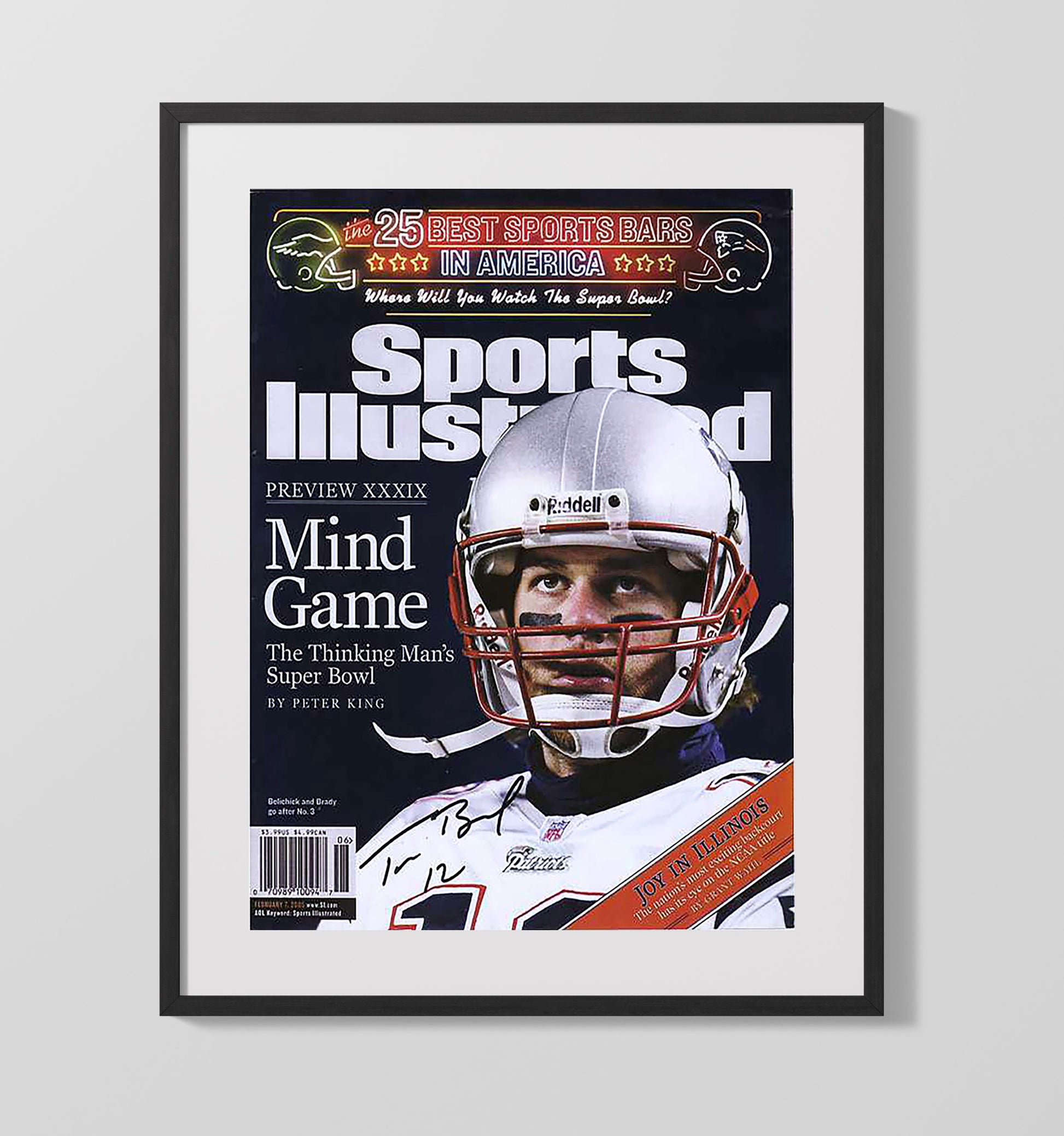 Brady - New England football Super Bowl XXXIX Mind Game Preview 2005 SI Cover Vintage Football Wall Art - 16x20 Gallery Frame football decor