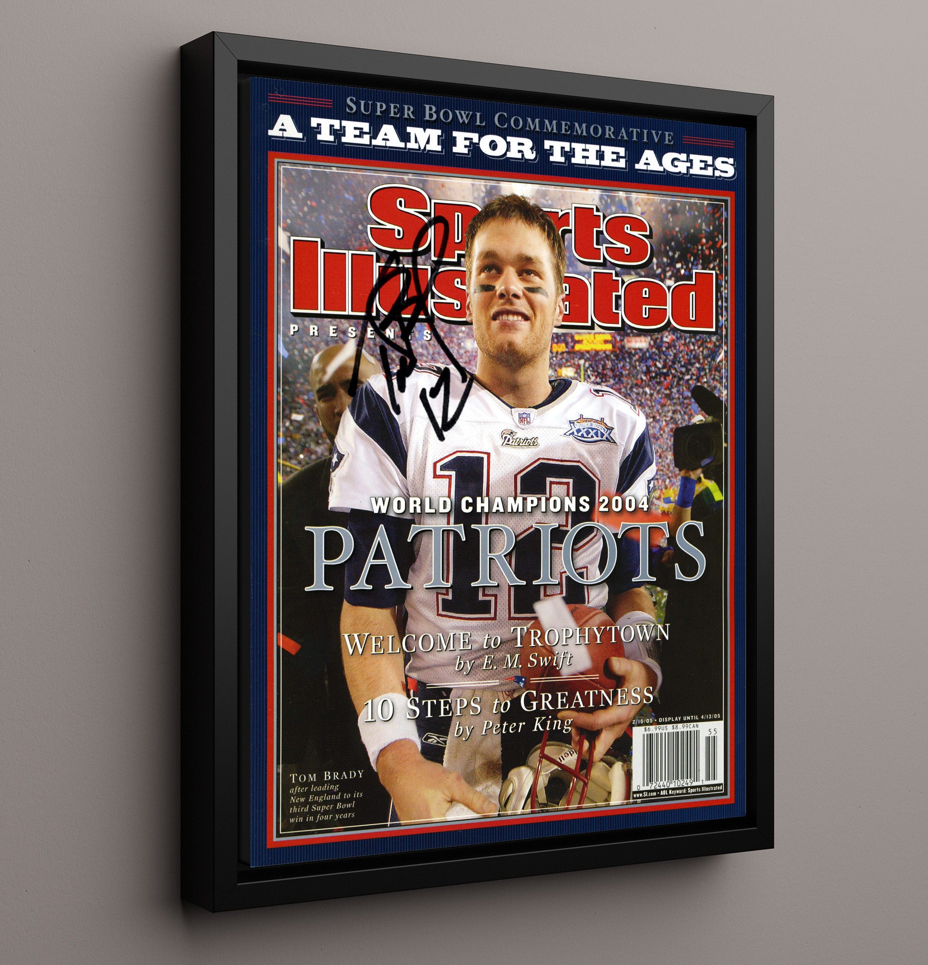 Brady - New England football Super Bowl XXXVIII Championship Commemorative 2004 SI Cover Vintage Football Wall Art - 16x20 Framed Canvas football decor