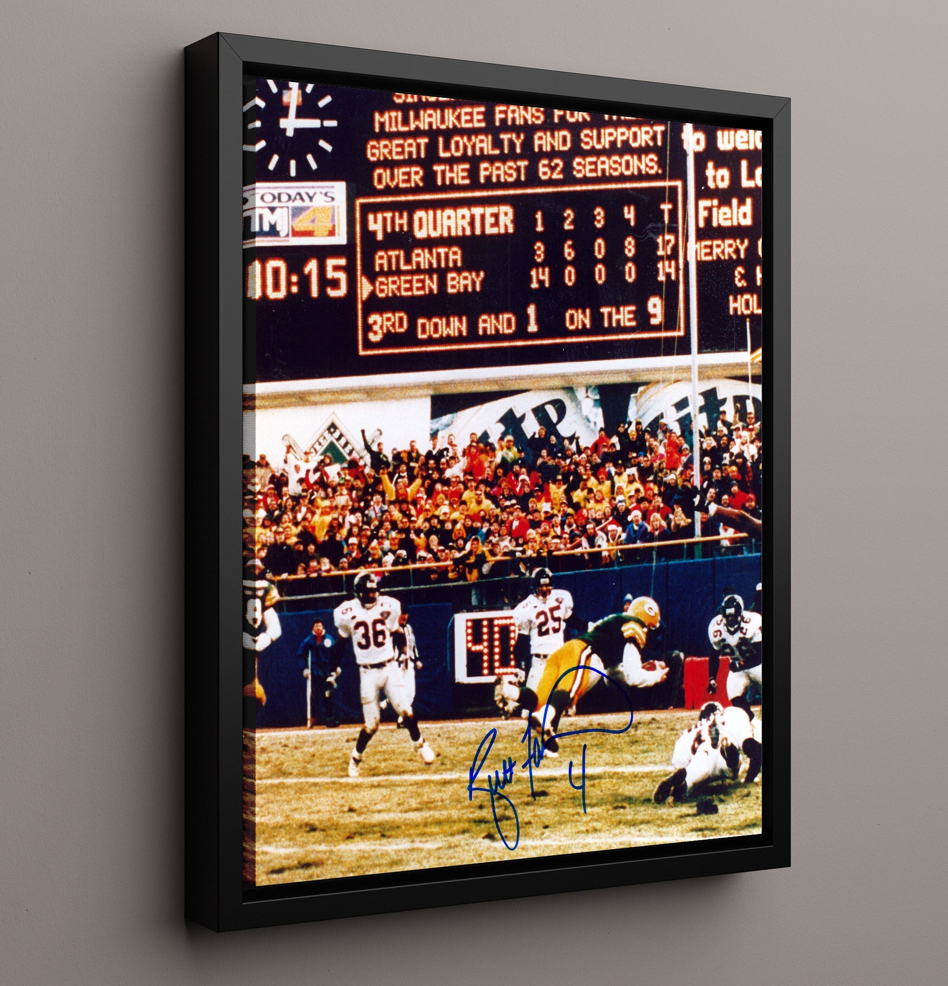 Brett Favre - Frozen Tundra Dive Vintage Football Wall Art - 16x20 Framed Canvas football decor