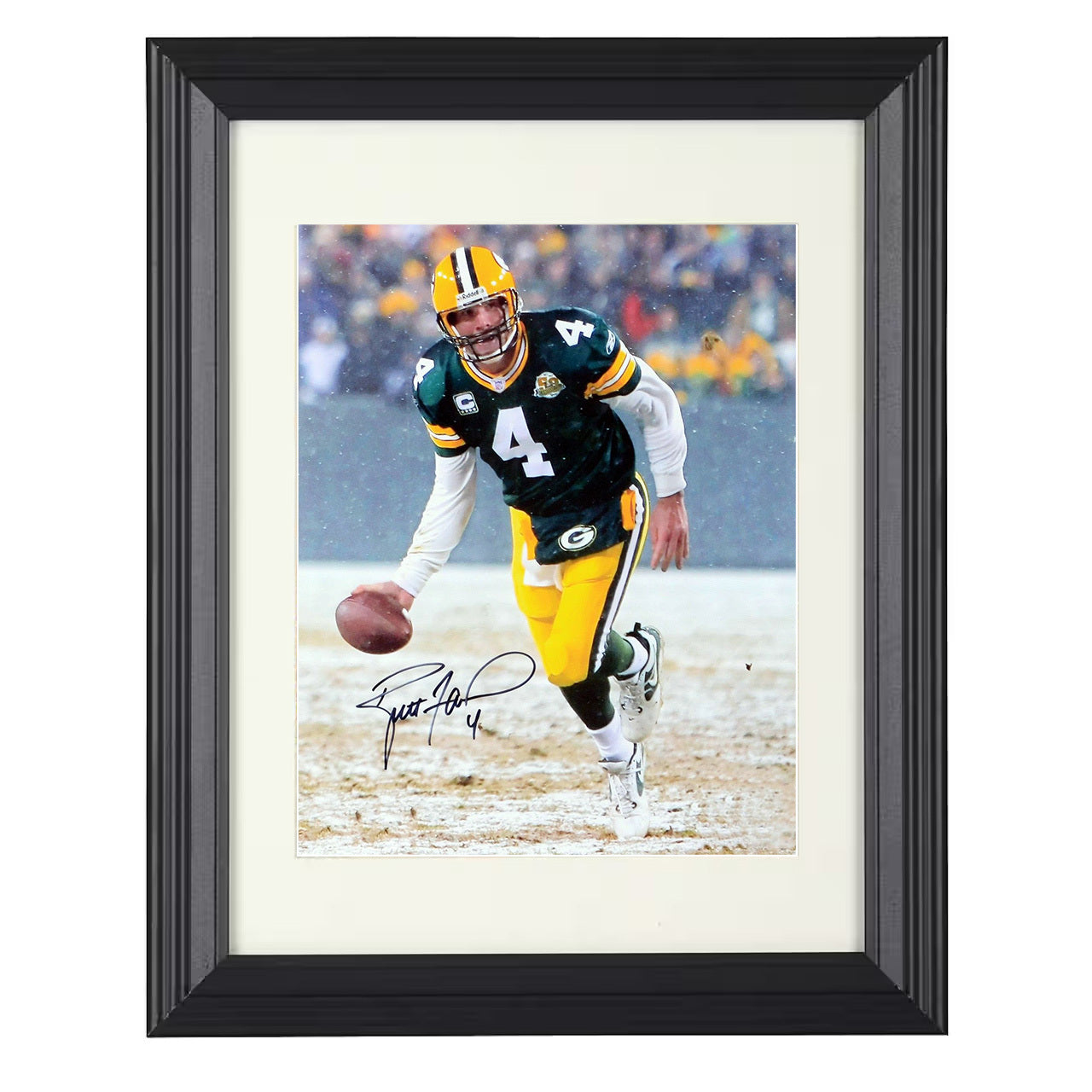 Brett Favre – Green Bay Snow Game QB Run – 8x10 black beveled framed football wall art
